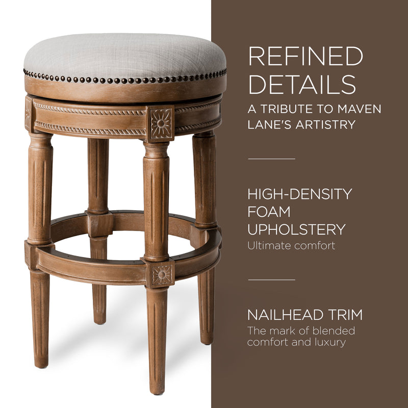 Maven Lane Pullman Backless Bar Stool in Weathered Oak Finish w/ Sand Color Fabric Upholstery