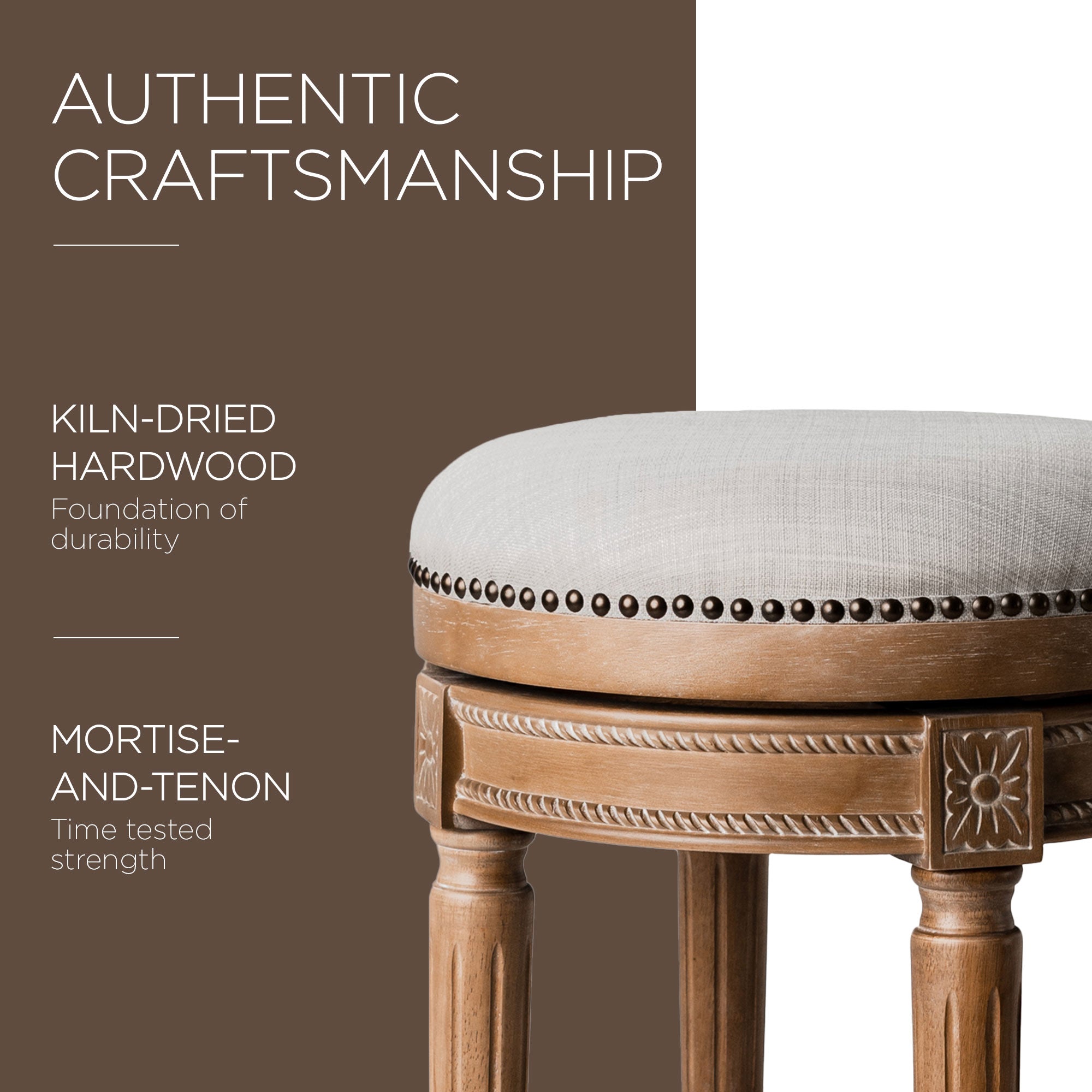 Maven Lane Pullman Backless Bar Stool in Weathered Oak Finish w/ Sand Color Fabric Upholstery - VMInnovations