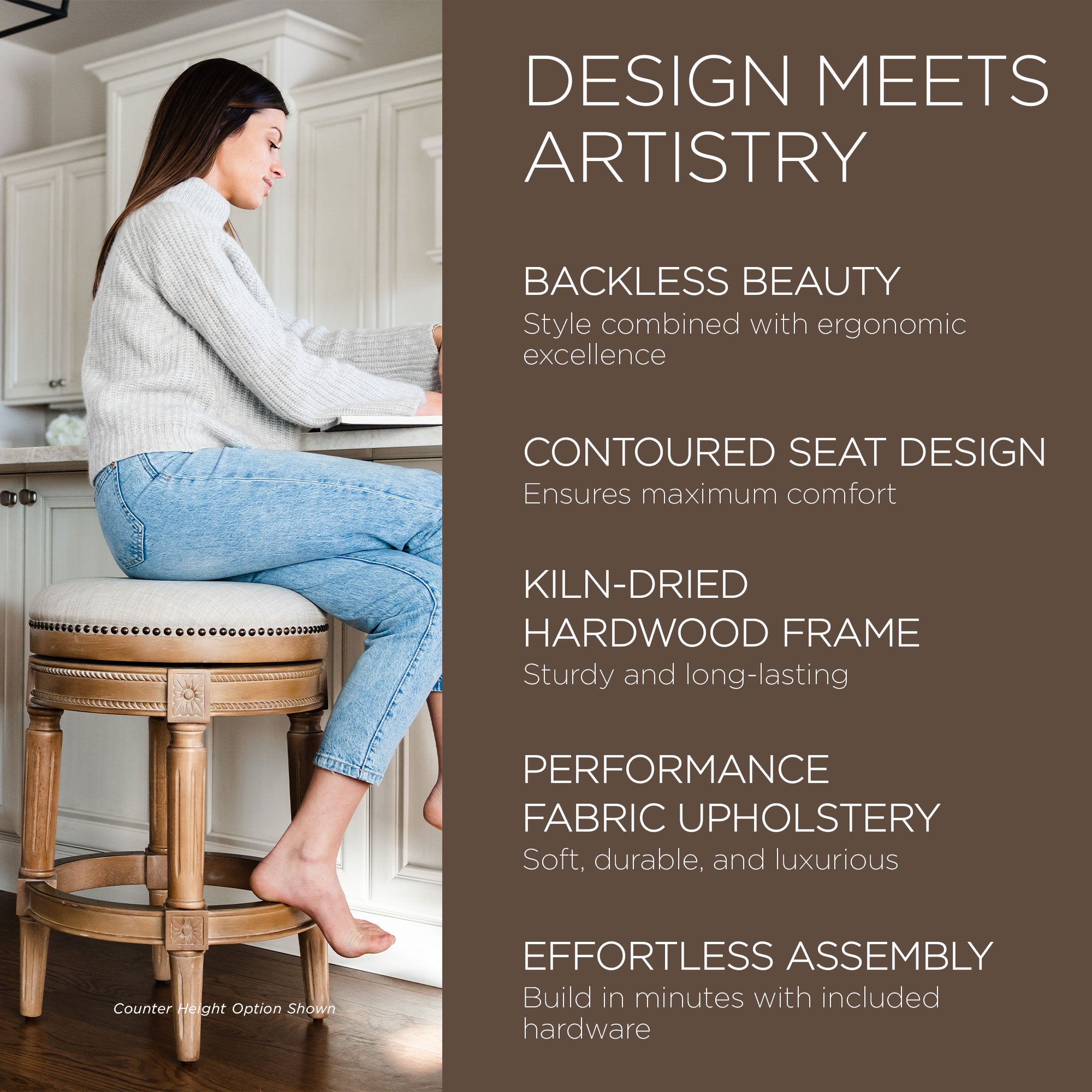Maven Lane Pullman Backless Bar Stool in Weathered Oak Finish w/ Sand Color Fabric Upholstery - VMInnovations