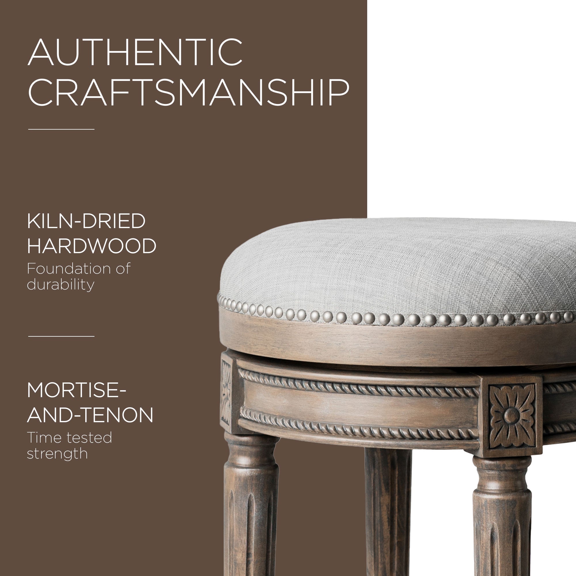 Maven Lane Pullman Backless Bar Stool in Reclaimed Oak Finish w/ Ash Grey Fabric Upholstery - VMInnovations