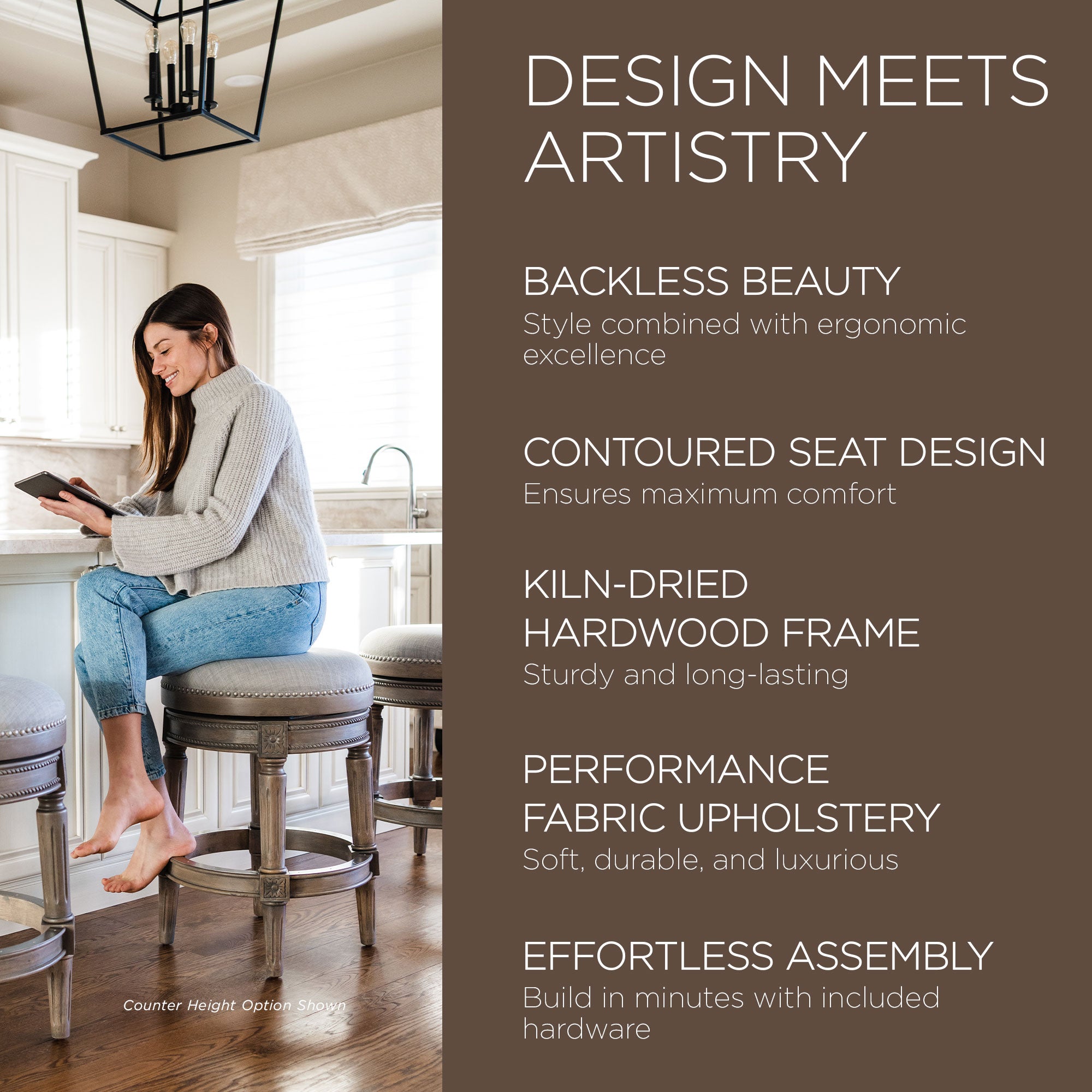 Maven Lane Pullman Backless Bar Stool in Reclaimed Oak Finish w/ Ash Grey Fabric Upholstery - VMInnovations