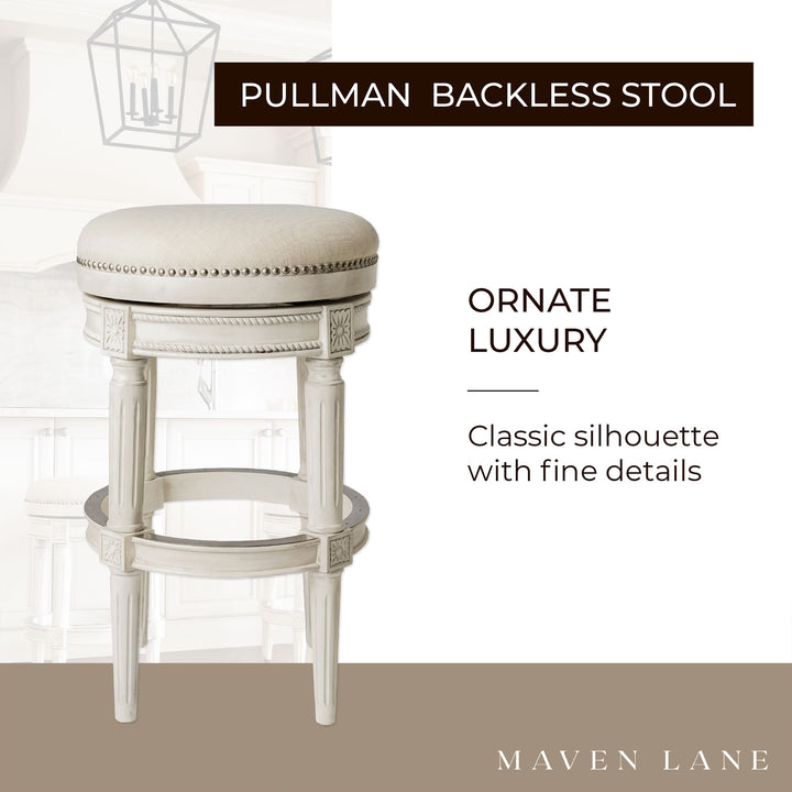 Maven Lane Pullman Backless Bar Stool in White Oak Finish w/ Natural Color Fabric Upholstery, Set of 3 - VMInnovations
