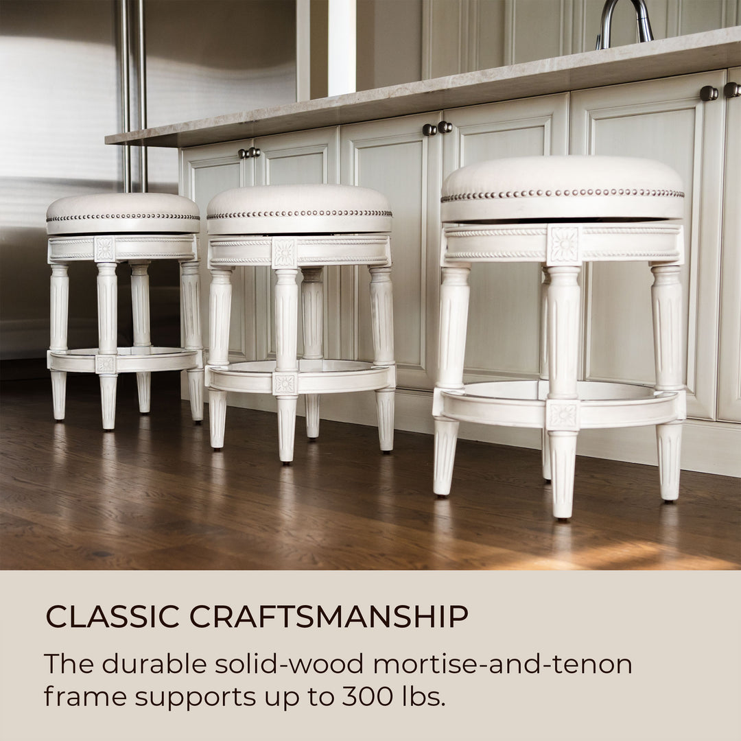 Maven Lane Pullman Backless Bar Stool in White Oak Finish w/ Natural Color Fabric Upholstery, Set of 3 - VMInnovations