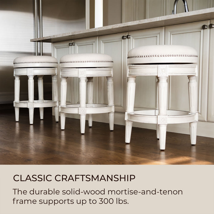 Maven Lane Pullman Backless Bar Stool in White Oak Finish w/ Natural Color Fabric Upholstery, Set of 3 - VMInnovations