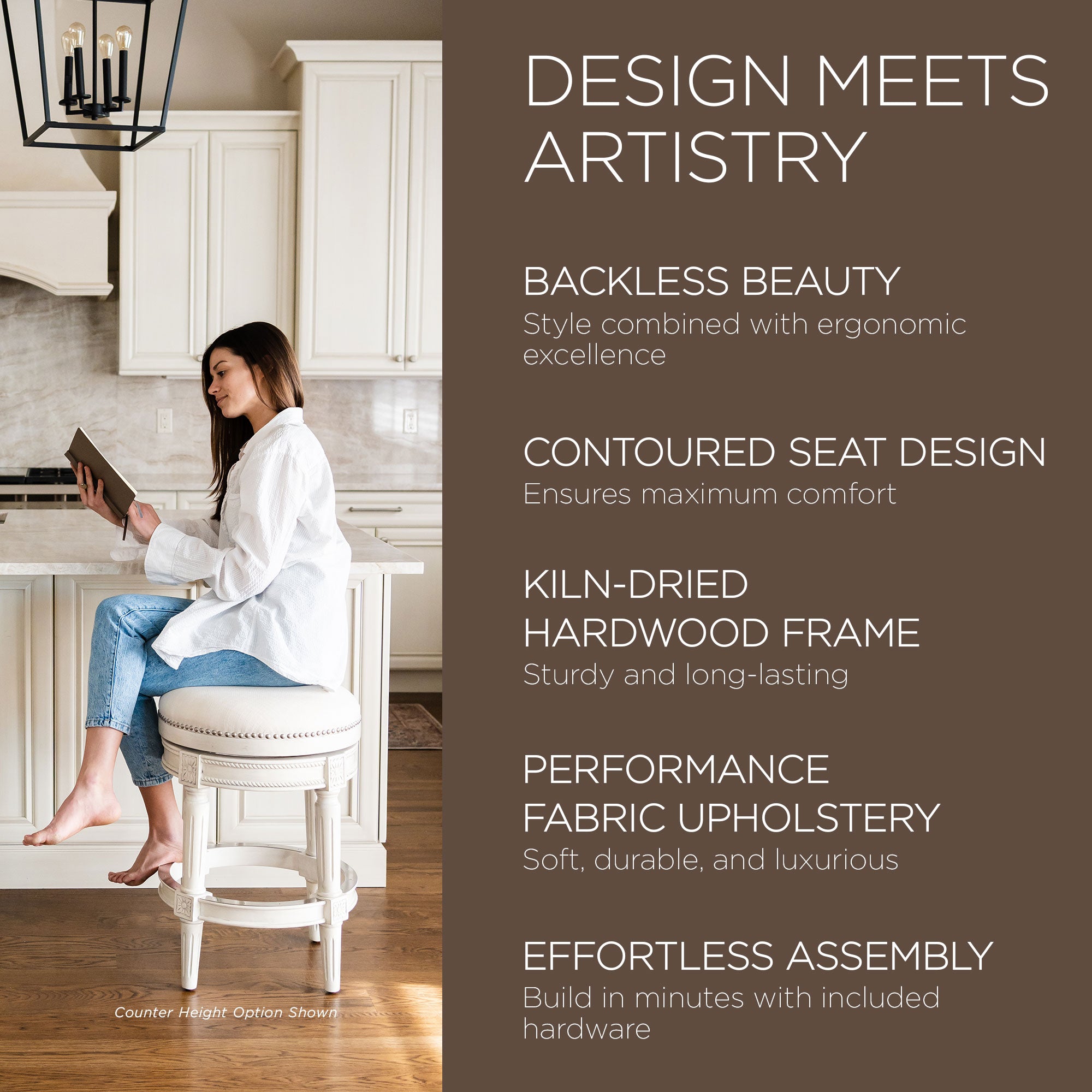 Maven Lane Pullman Backless Bar Stool in White Oak Finish w/ Natural Color Fabric Upholstery - VMInnovations