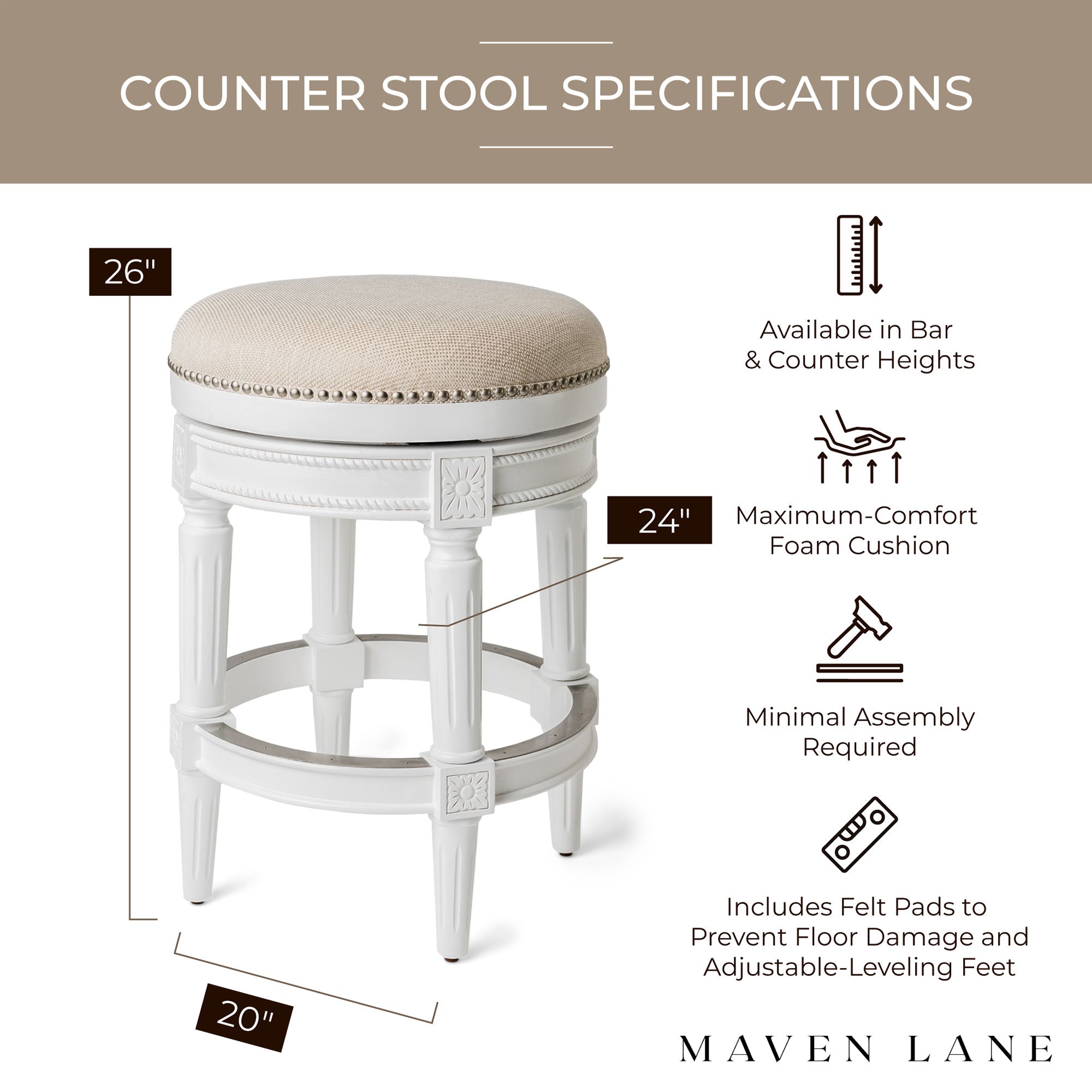 Maven Lane Pullman Bar Stool, Alabaster White,Counter Height (Open Box) (2 Pack) - VMInnovations