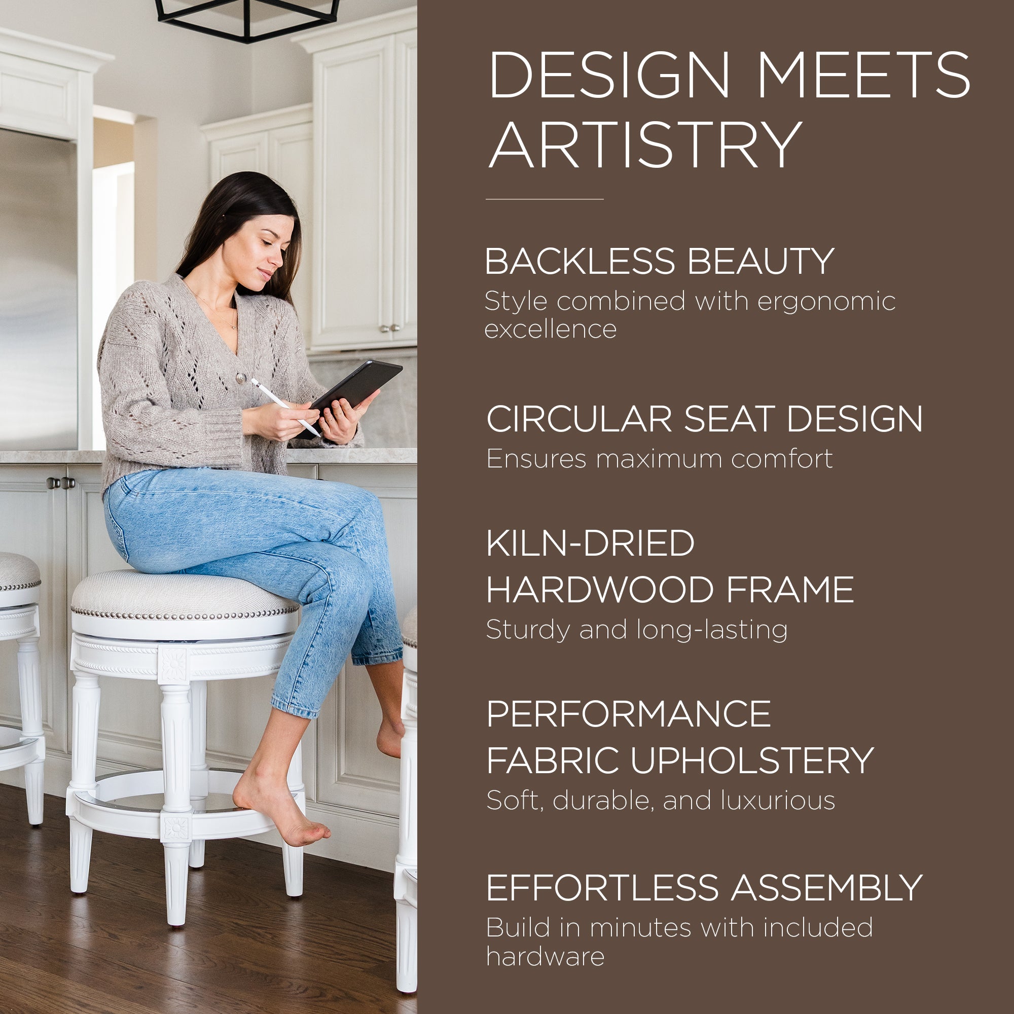 Maven Lane Pullman Backless Counter Stool in Alabaster White Finish w/ Cream Fabric Upholstery - VMInnovations