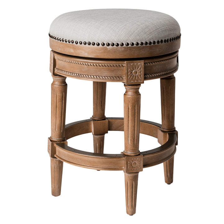 Maven Lane Pullman Backless Counter Stool in Weathered Oak Finish w/ Sand Color Fabric Upholstery - VMInnovations