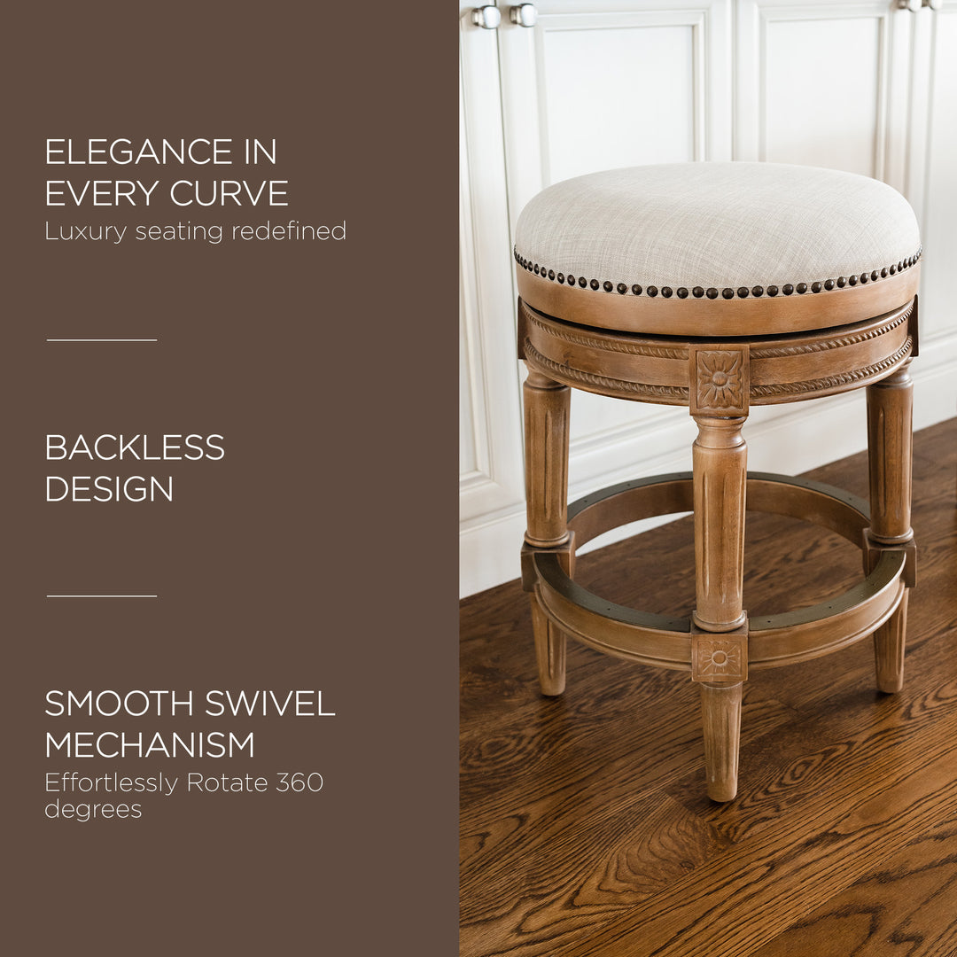 Maven Lane Pullman Backless Counter Stool in Weathered Oak Finish w/ Sand Color Fabric Upholstery - VMInnovations