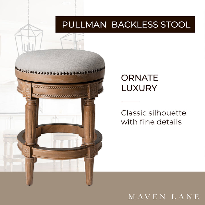 Maven Lane Pullman Backless Counter Stool in Weathered Oak Finish w/ Sand Color Fabric Upholstery, Set of 3 - VMInnovations