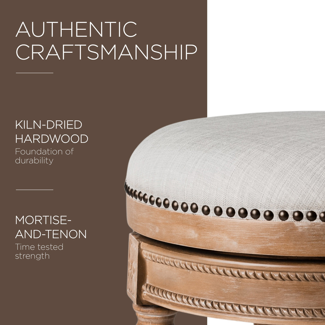 Maven Lane Pullman Backless Counter Stool in Weathered Oak Finish w/ Sand Color Fabric Upholstery - VMInnovations