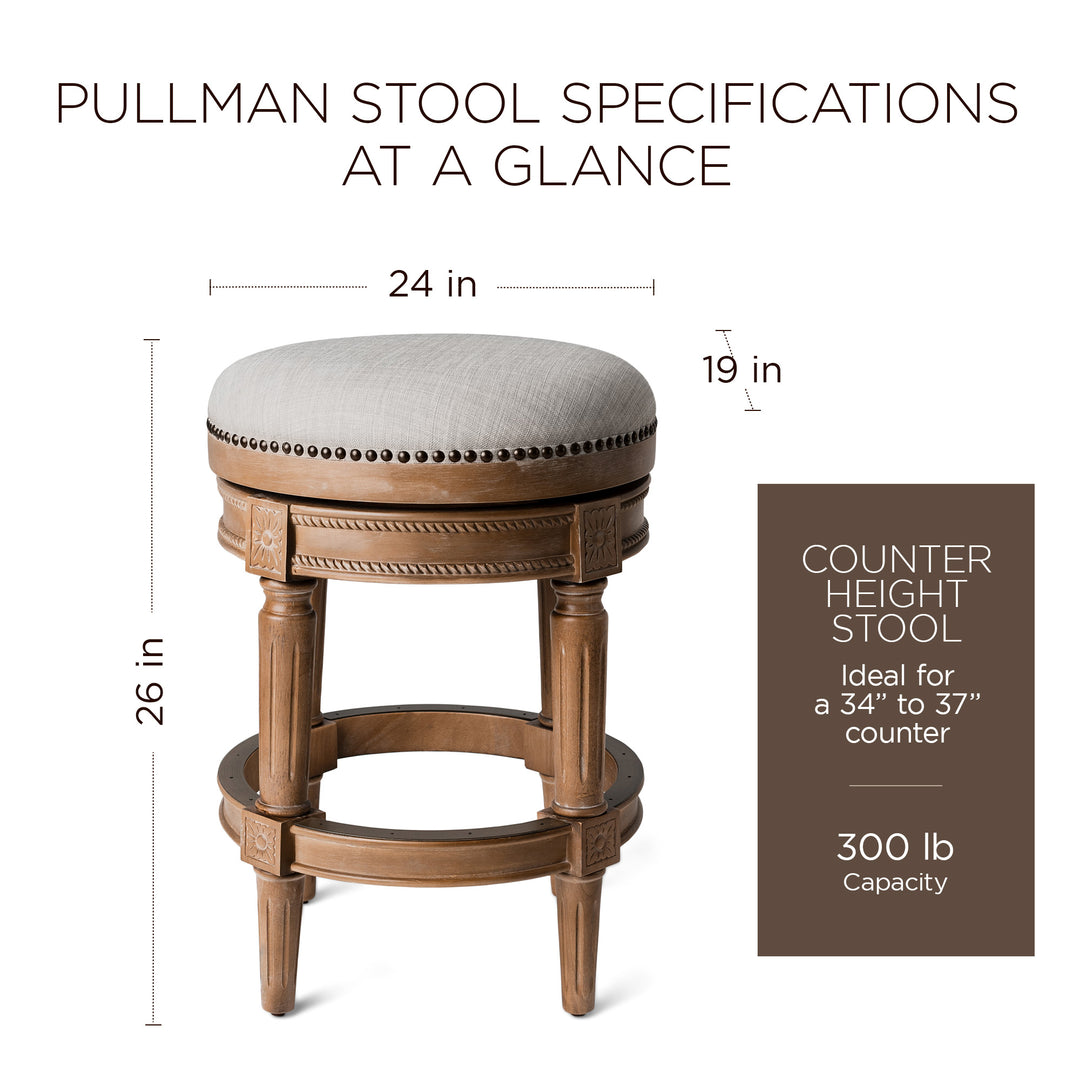 Maven Lane Pullman Backless Counter Stool in Weathered Oak Finish w/ Sand Color Fabric Upholstery - VMInnovations