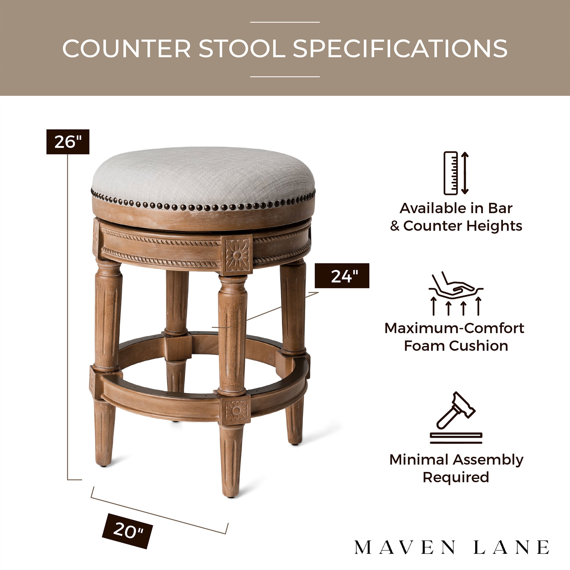 Maven Lane Pullman Bar Stool, Weathered Oak, Counter Height (Open Box) (2 Pack) - VMInnovations