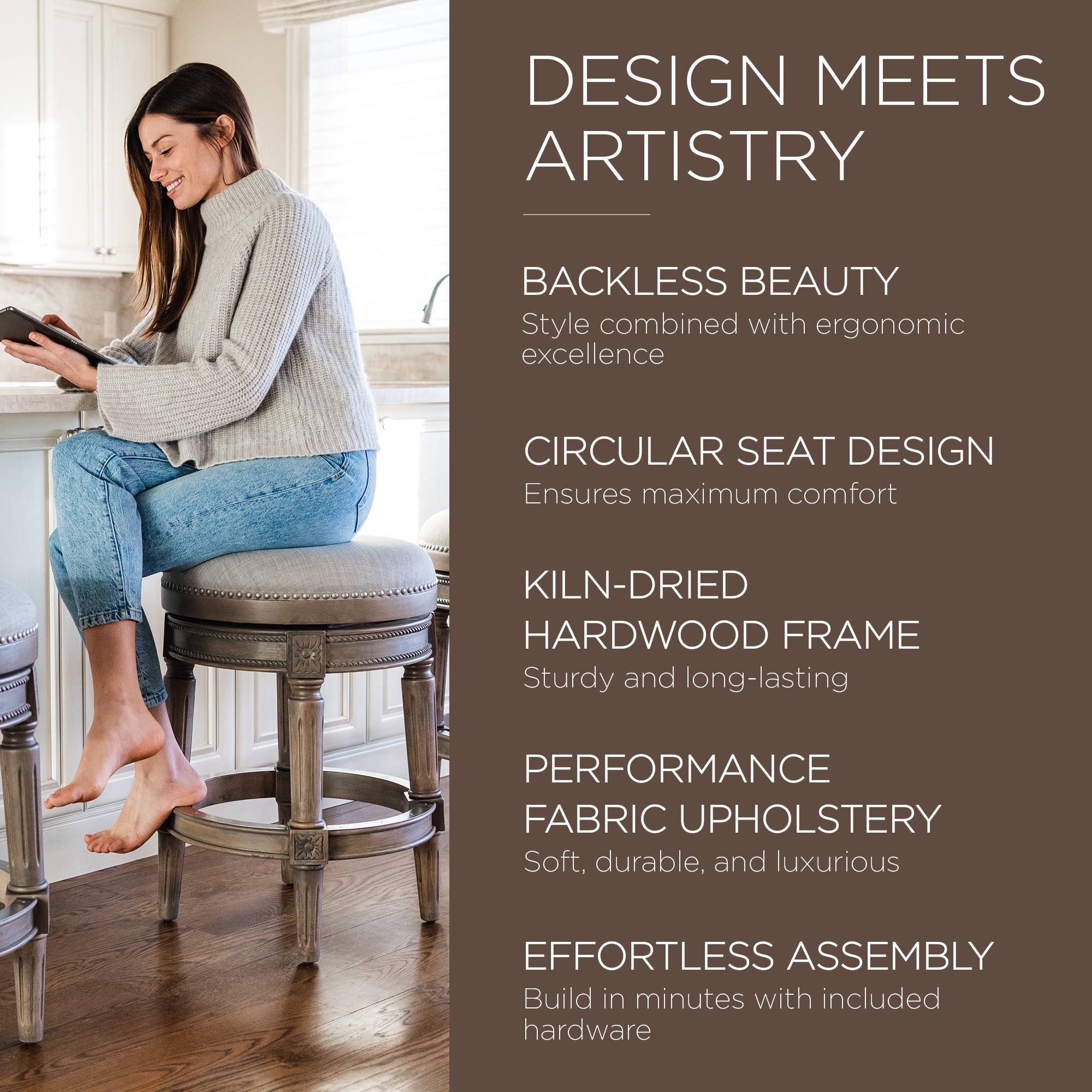 Maven Lane Pullman Backless Counter Stool in Reclaimed Oak Finish w/ Ash Grey Fabric Upholstery - VMInnovations