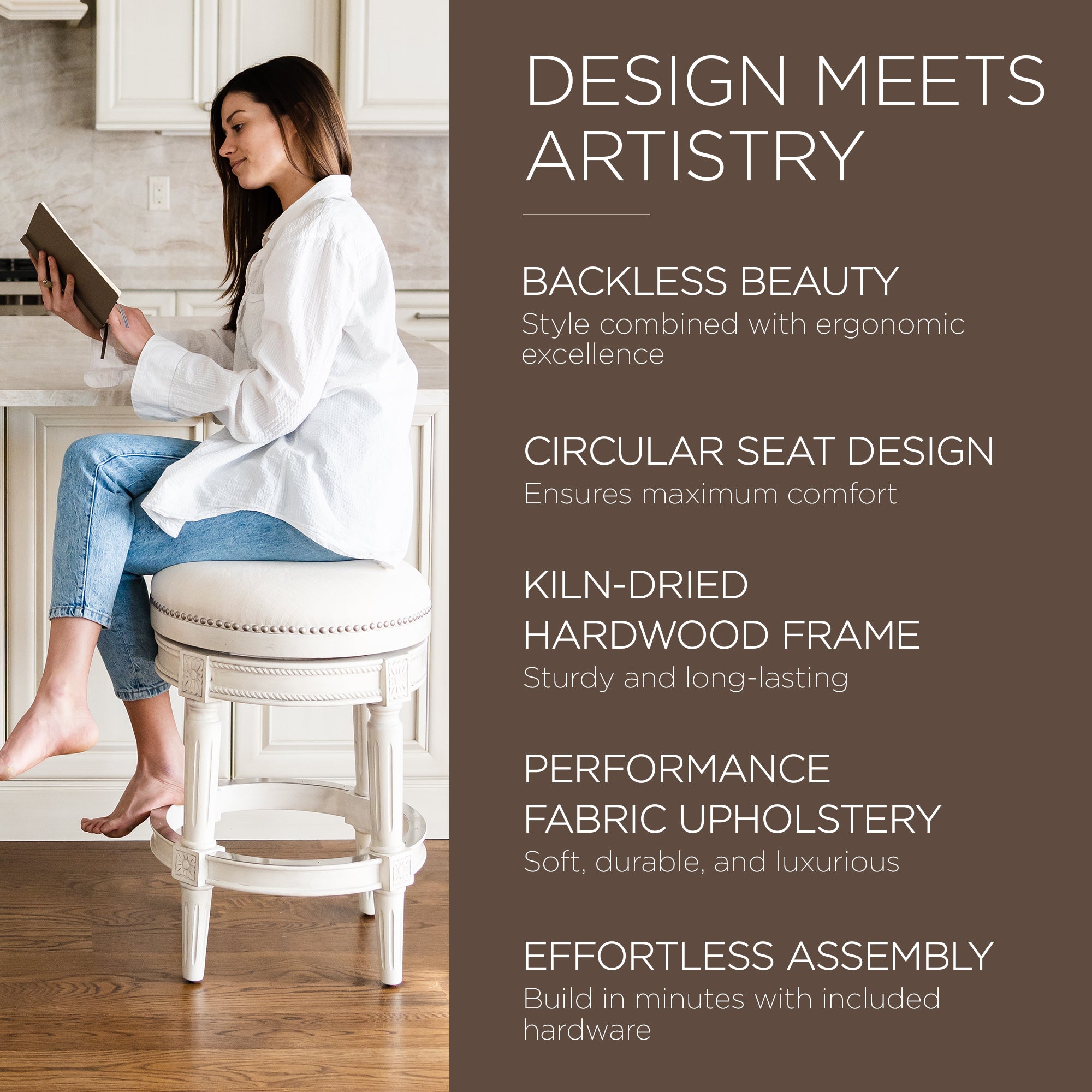 Maven Lane Pullman Backless Counter Stool in White Oak Finish w/ Natural Color Fabric Upholstery - VMInnovations
