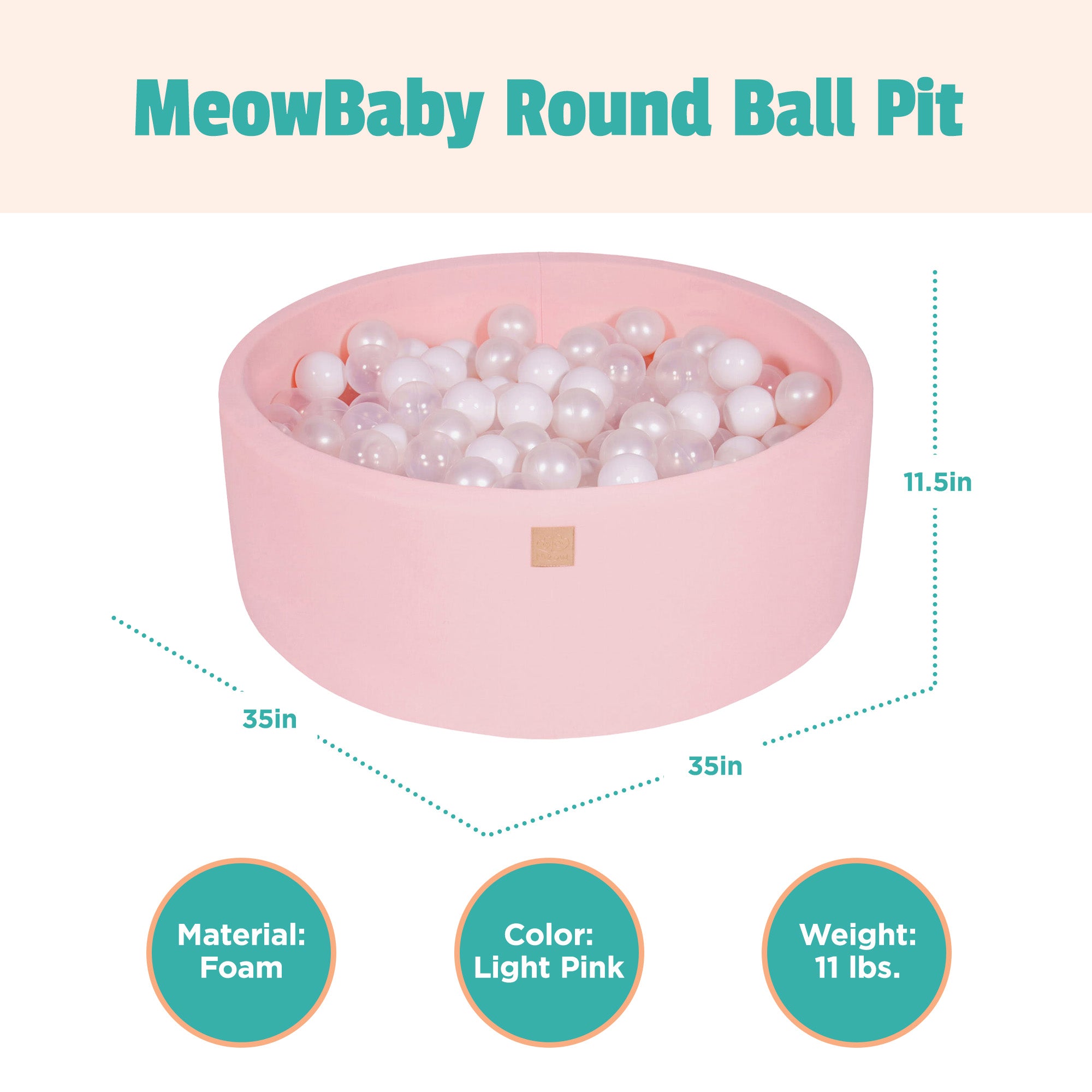 MeowBaby Round 35 x 11.5 Inch Baby Foam Ball Pit w/ 200 Balls, Light Pink/Pearl - VMInnovations