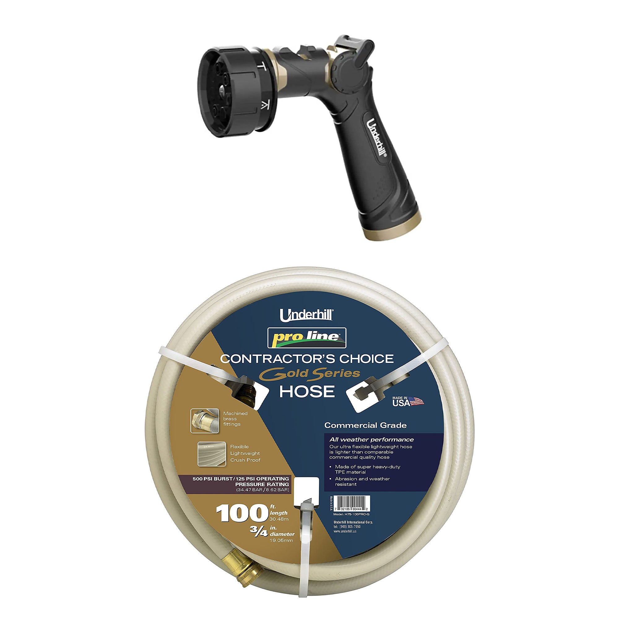 Underhill 100 Foot Heavy Duty Garden Hose and Proline Master Gold 7 Spray Nozzle - VMInnovations