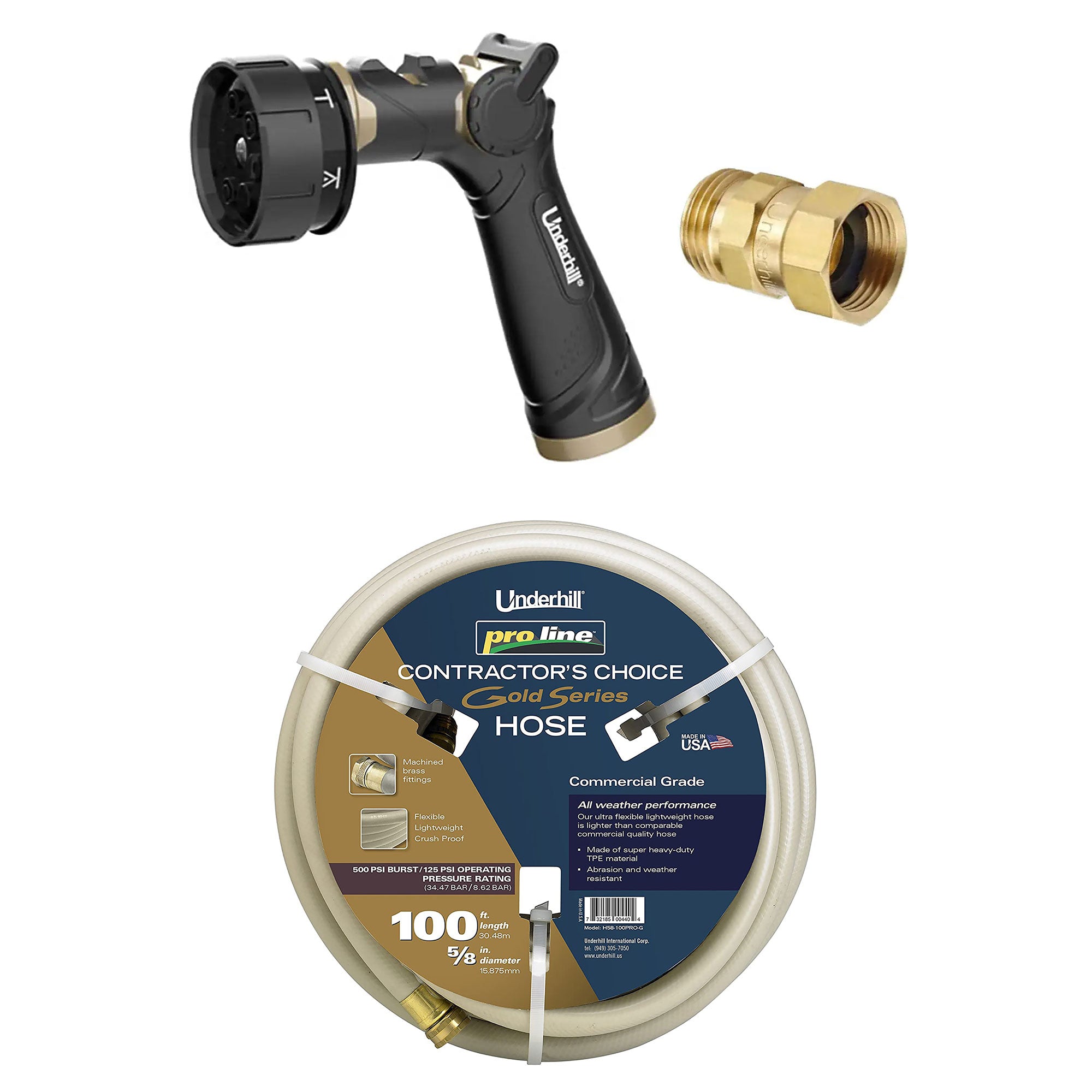 Underhill Twist-Ease Kink Eliminator + 7 Spray Nozzle + 100 Foot Garden Hose