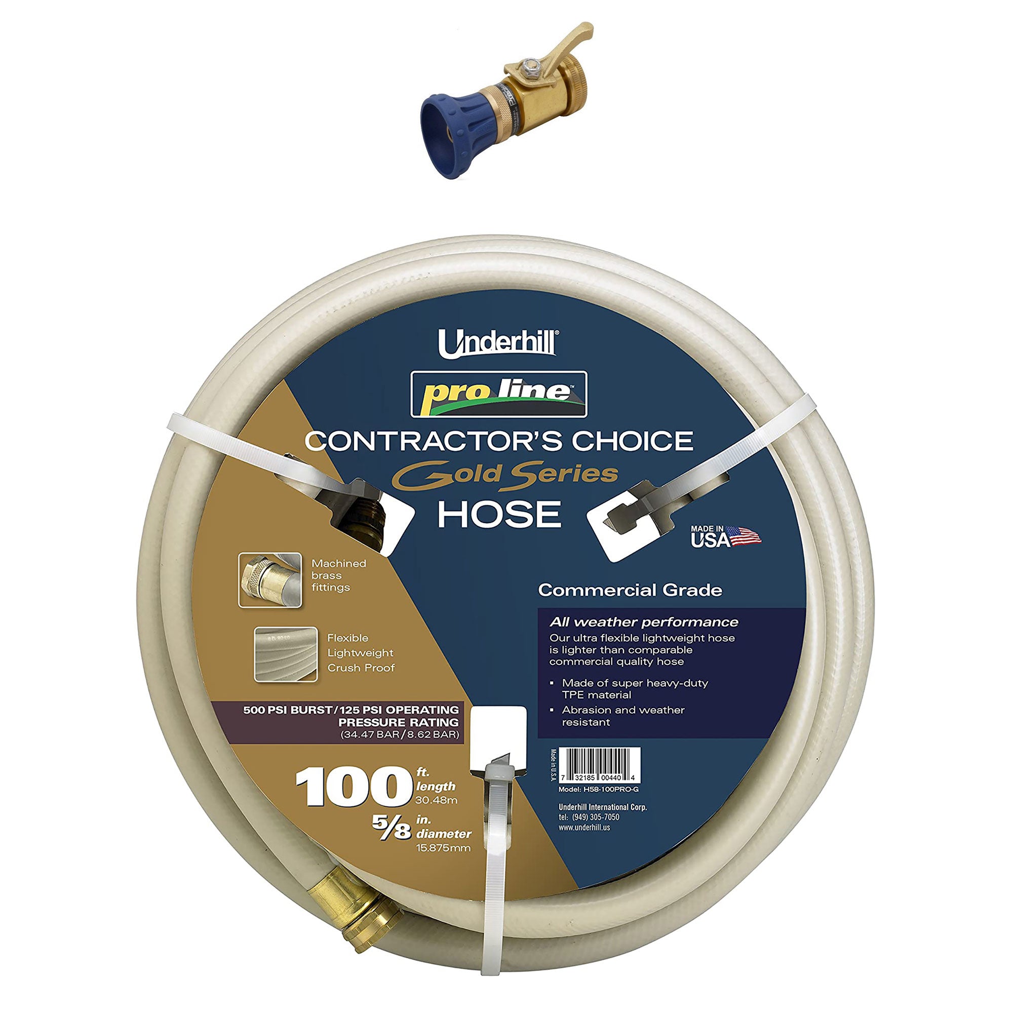 Underhill Proline 100' Garden Hose, Gold & Precision Cloudburst Hose End Nozzle