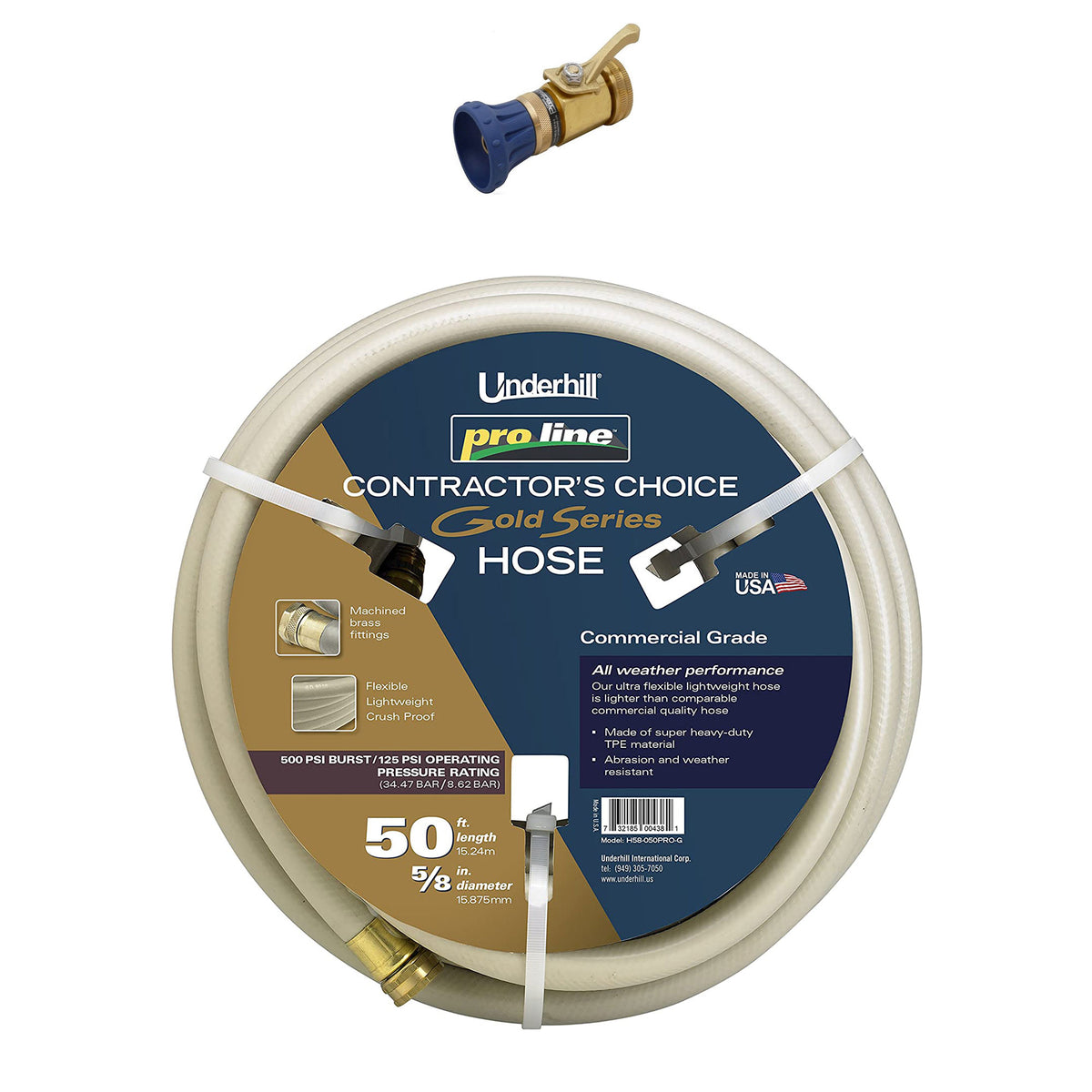 Underhill Proline 50' Garden Hose, Gold & Precision Cloudburst Hose End Nozzle