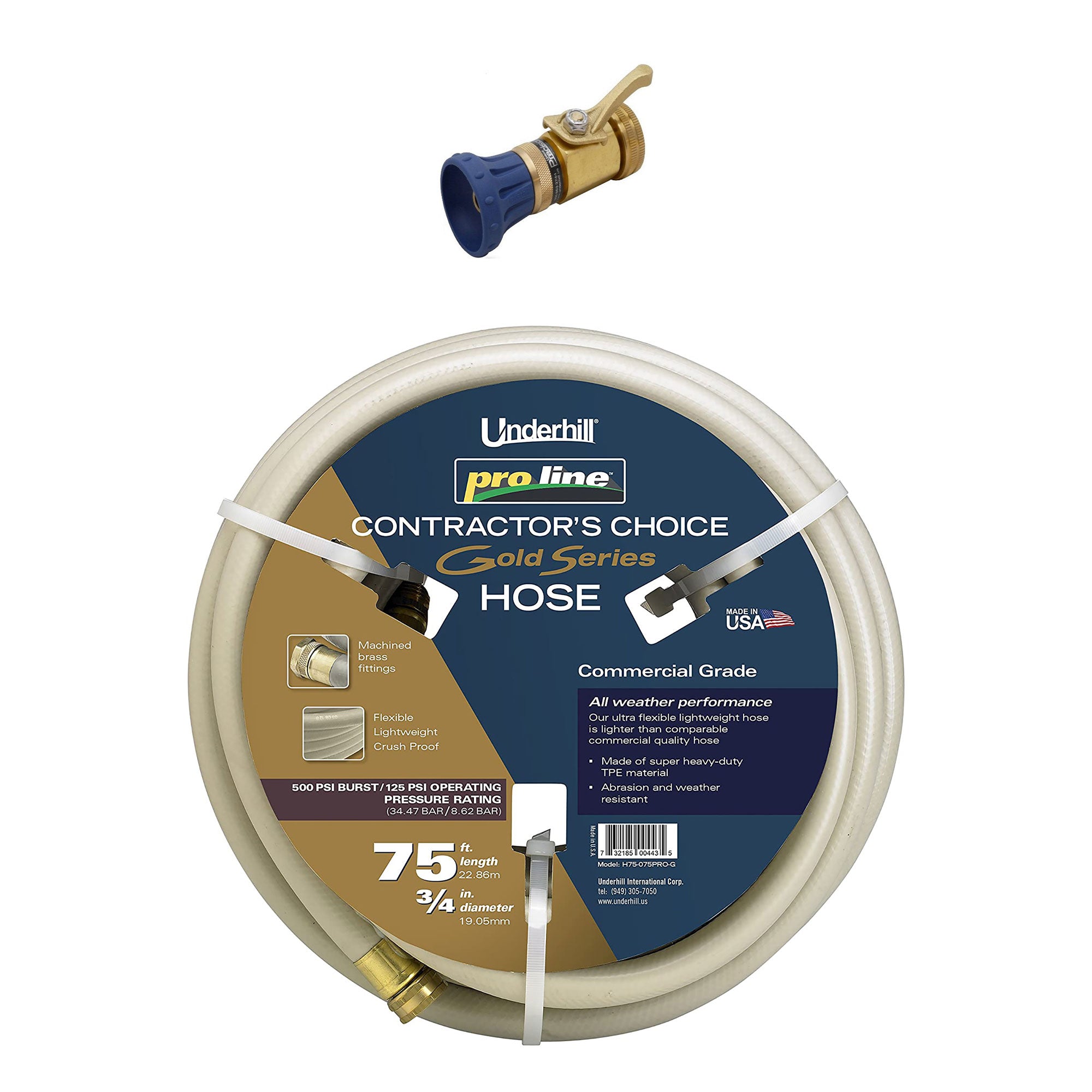 Underhill Proline 75' Garden Hose, Gold & Precision Cloudburst Hose End Nozzle