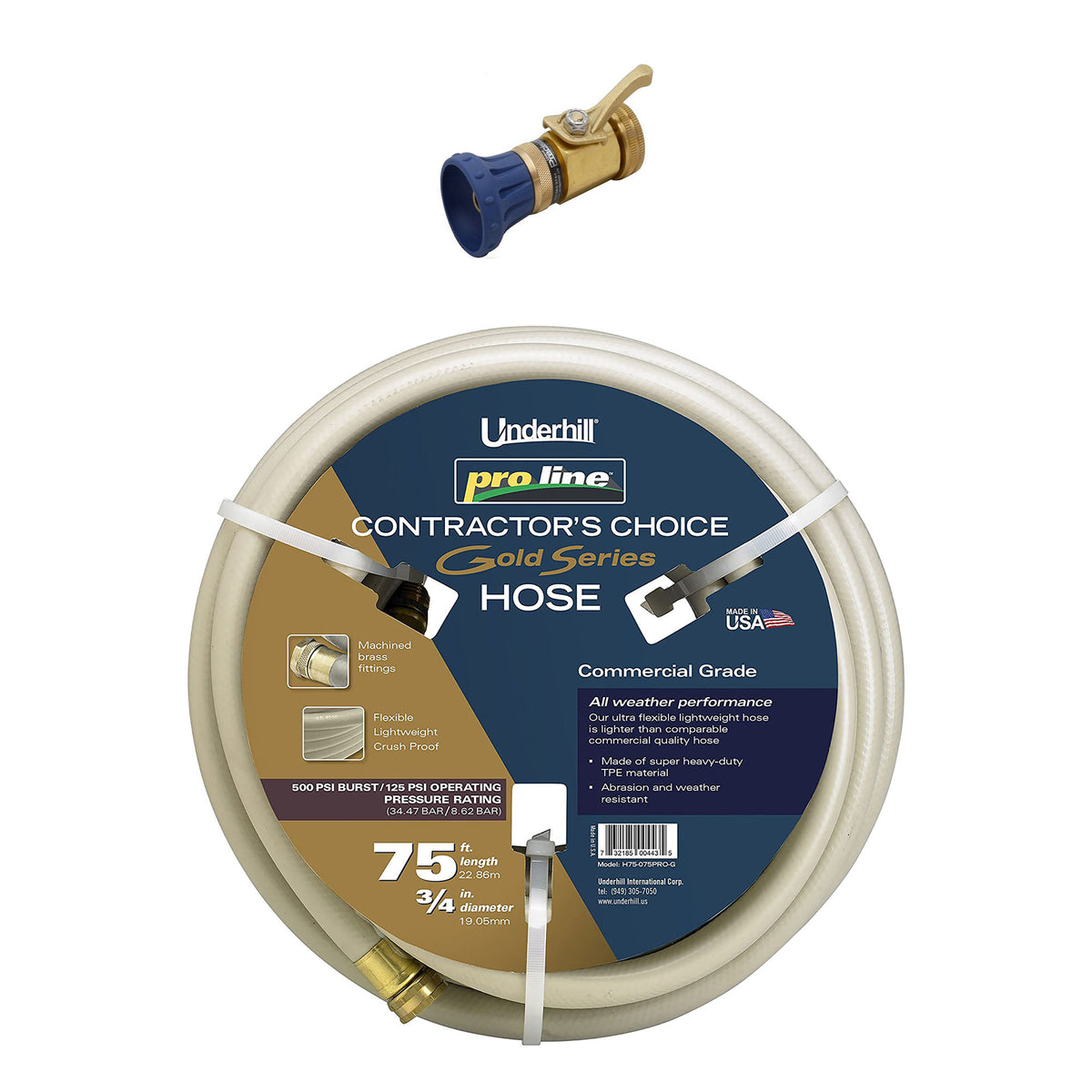 Underhill Proline 75' Garden Hose, Gold & Precision Cloudburst Hose End Nozzle