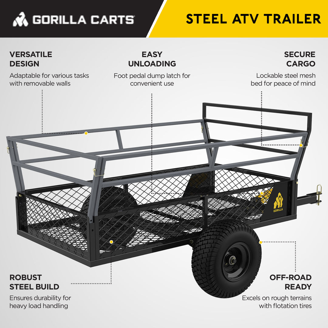 Gorilla 1400lb Steel ATV Trailer Garden Cart w/Removable Sides & 3-in-1 Tailgate - VMInnovations
