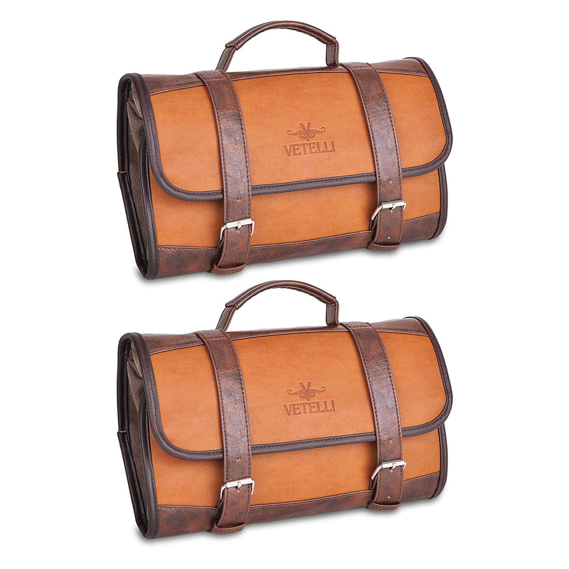 Vetelli Foldable Hanging Leather Travel Toiletry Bag with 4 Pockets (2 Pack)