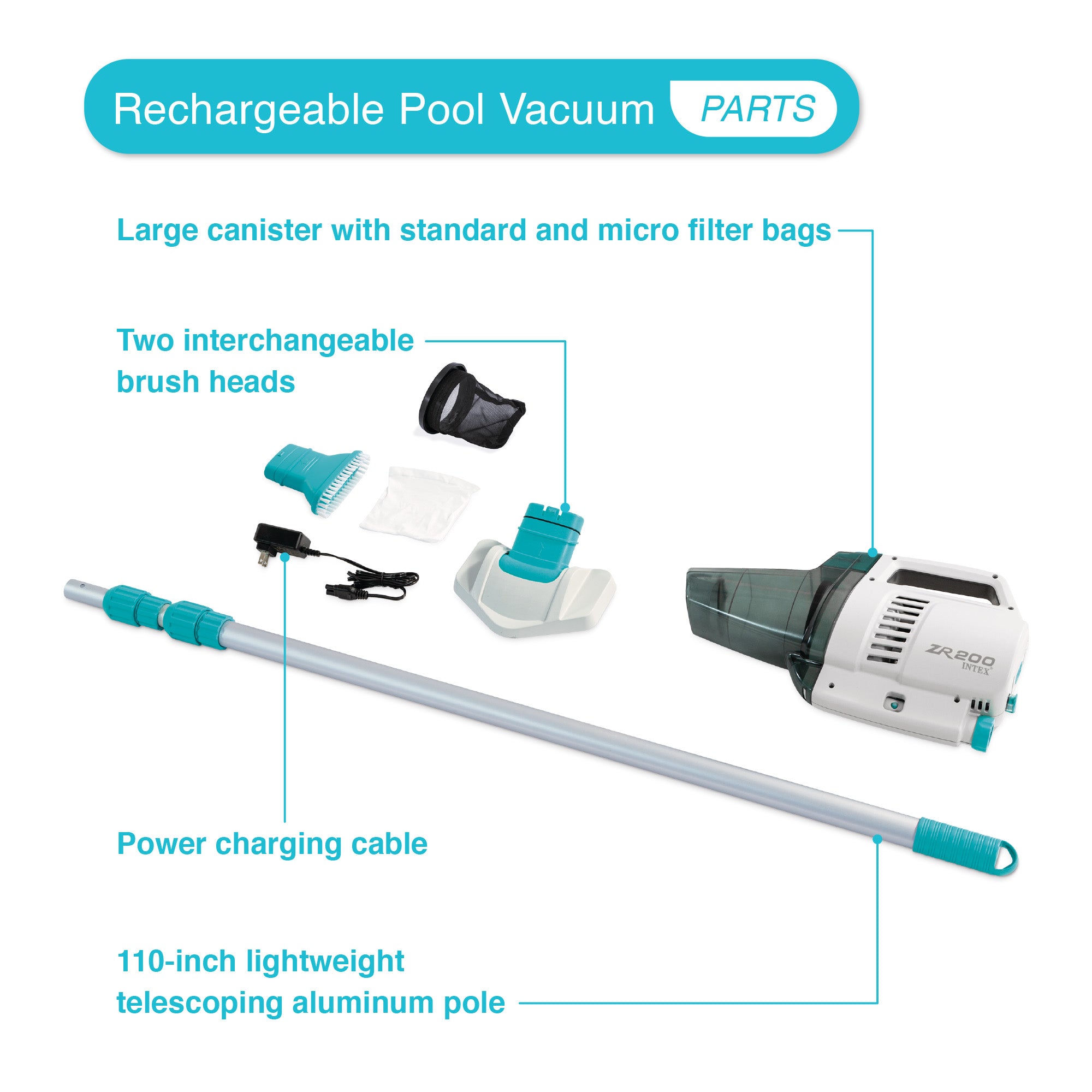 ZR200 Rechargeable Cordless Telescoping Pool Vacuum w/ 2 Brush Heads (Open Box) - VMInnovations