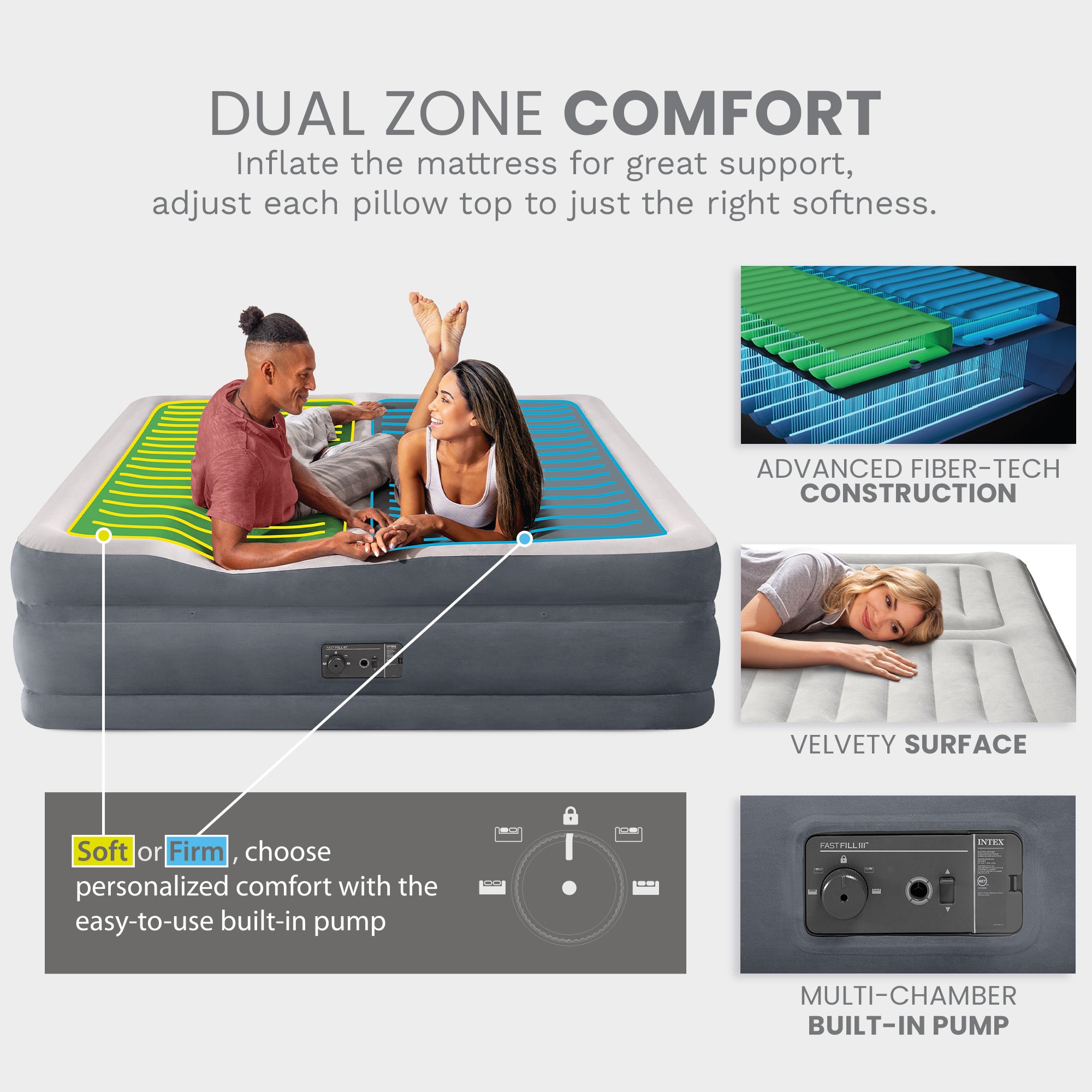 Intex 64953E Deluxe Dual Zone 22" King Sized Air Mattress with Built In Air Pump