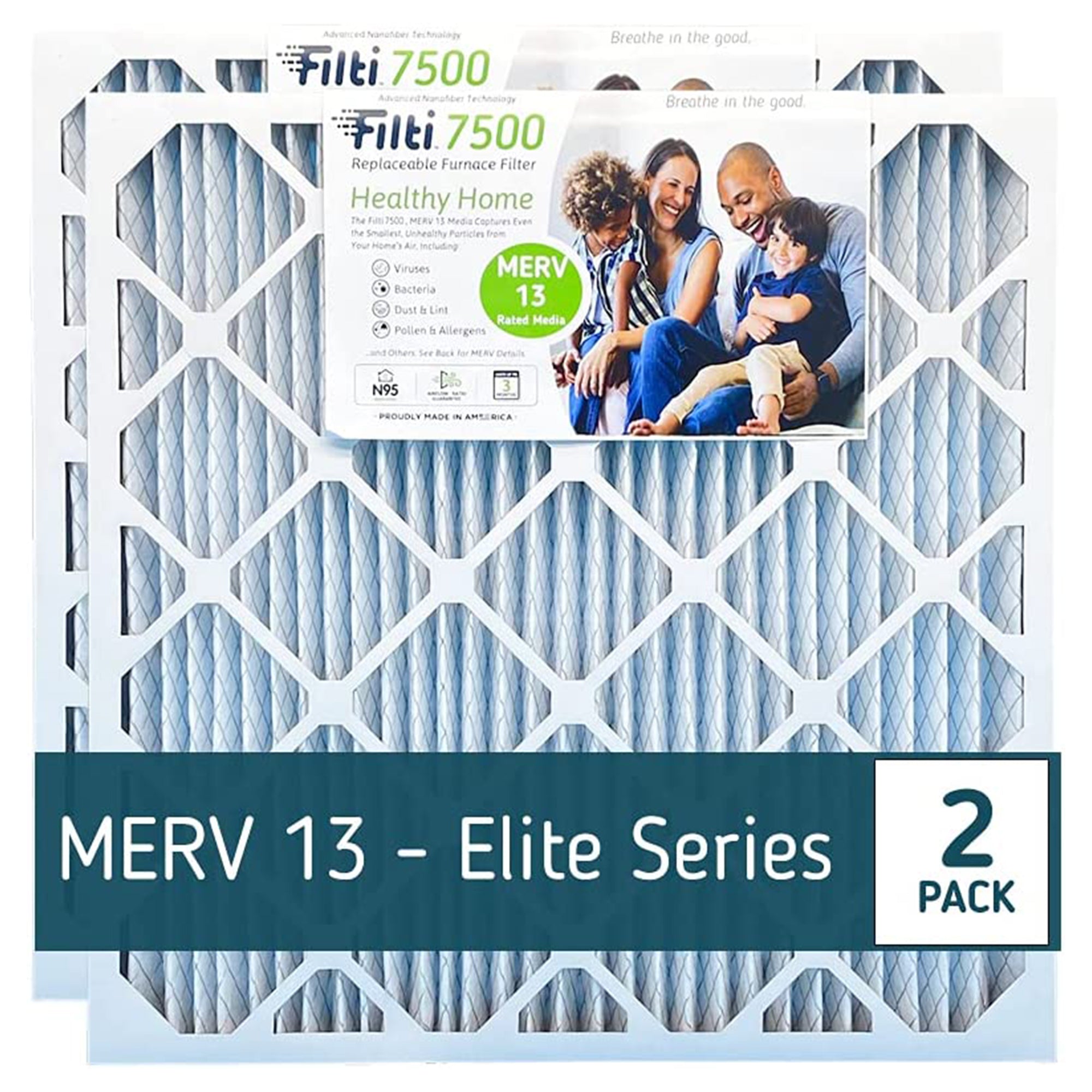 Filti 7500 Pleated Home HVAC Furnace 20 x 25 x 2 MERV 13 Air Filter (2 Pack) - VMInnovations