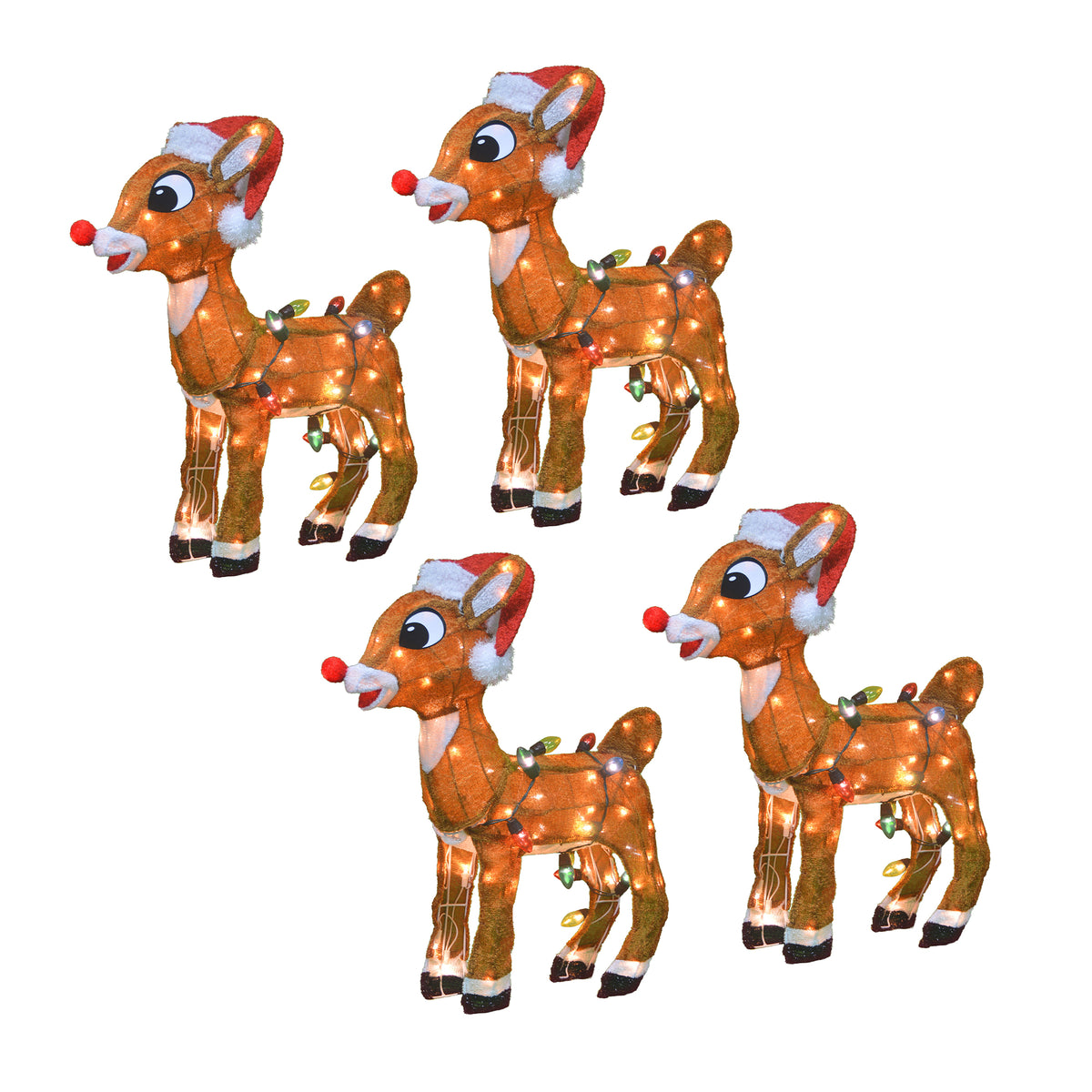 ProductWorks 24" Rudolph w/ Santa Hat Pre Lit Holiday Yard Decoration (4 Pack) - VMInnovations