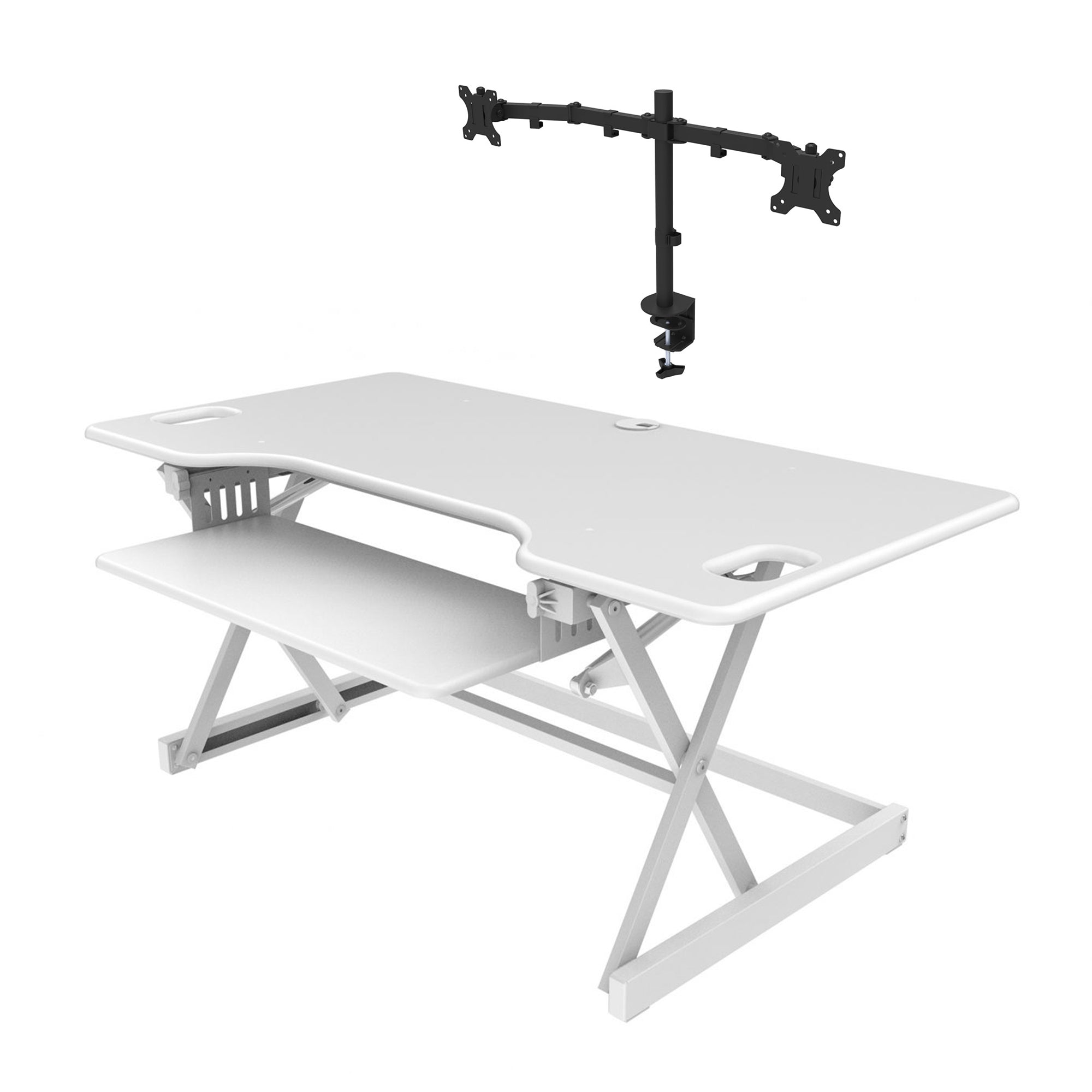Rocelco 46 In Rising Desk Converter, White & Adjustable Dual Monitor Desk Mount - VMInnovations