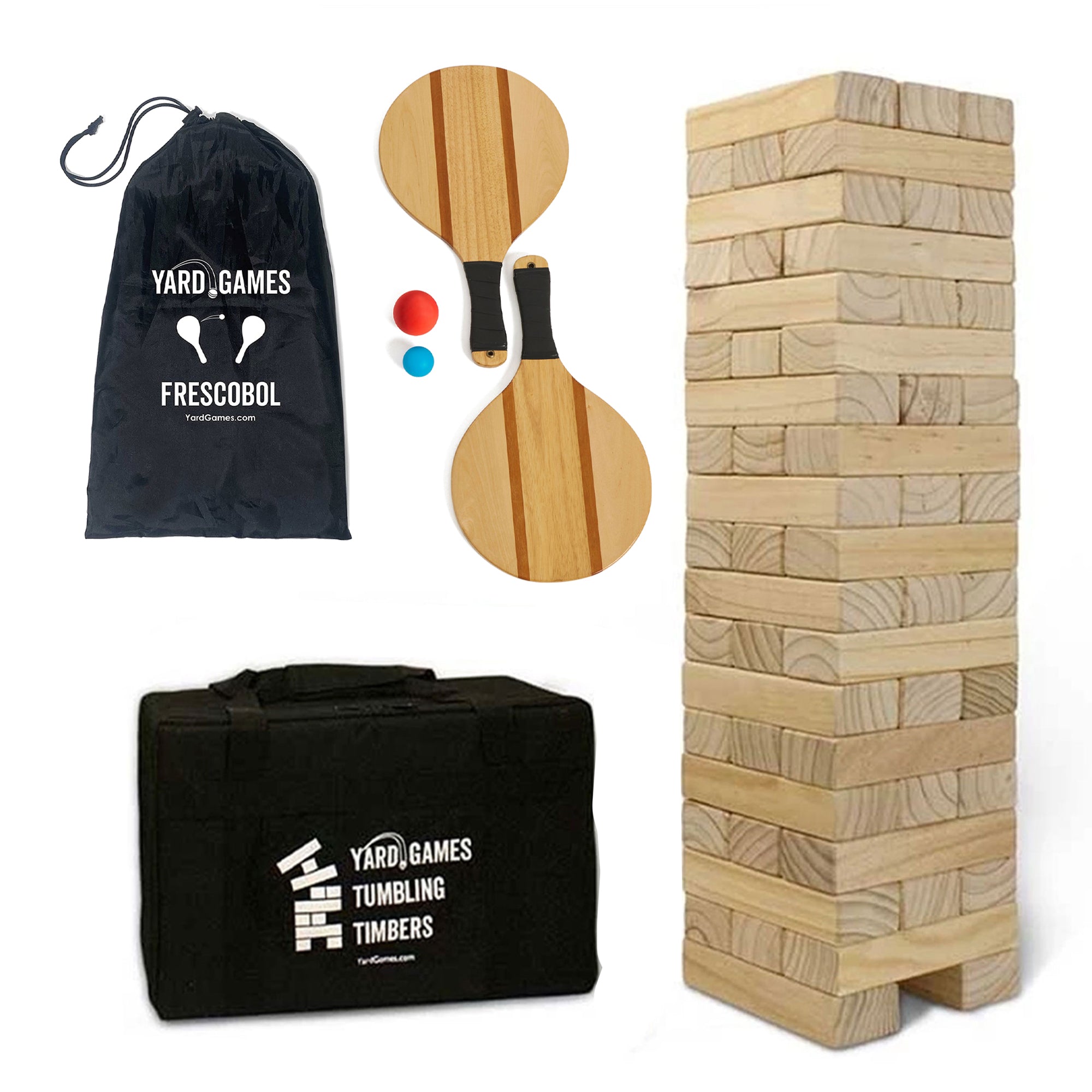 YardGames Giant Tumbling Timbers and Frescobol Game Set Beach Tennis Paddle Ball