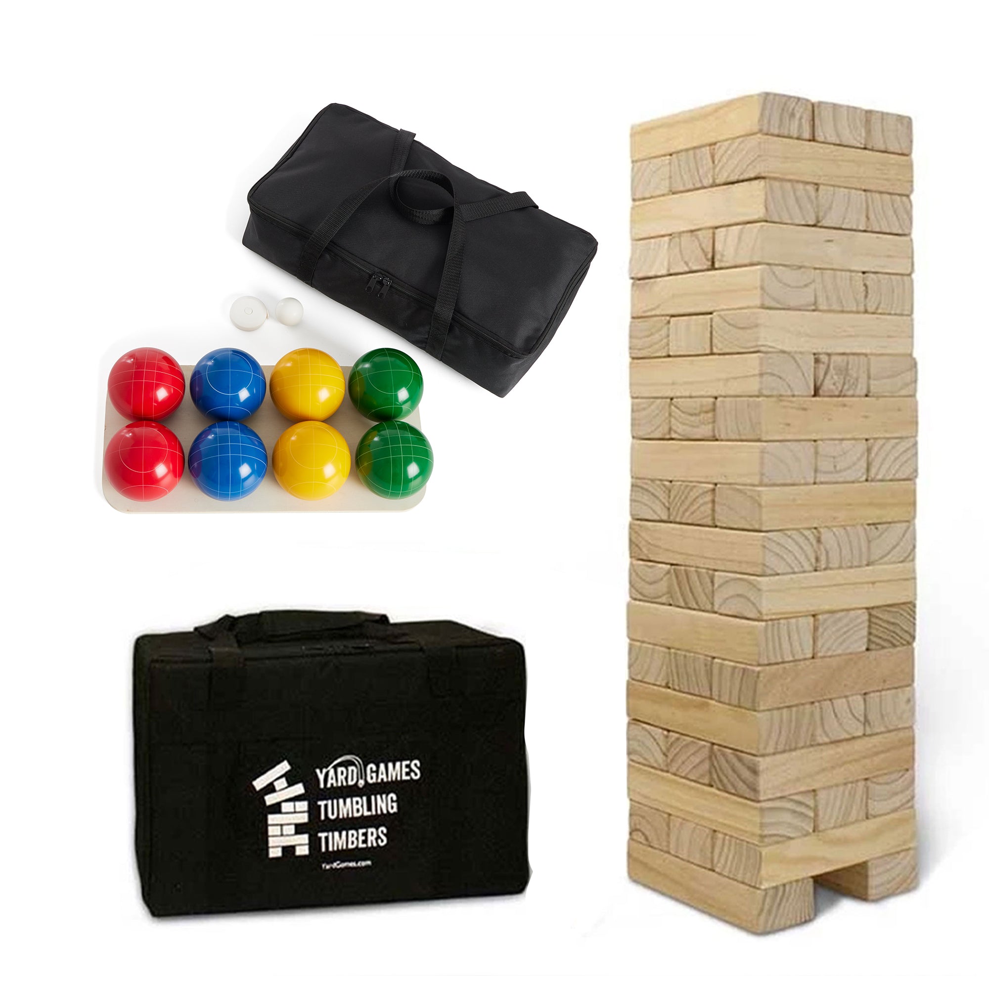 YardGames Giant Tumbling Timbers and Outdoor 100mm Resin Bocce Ball Game Set