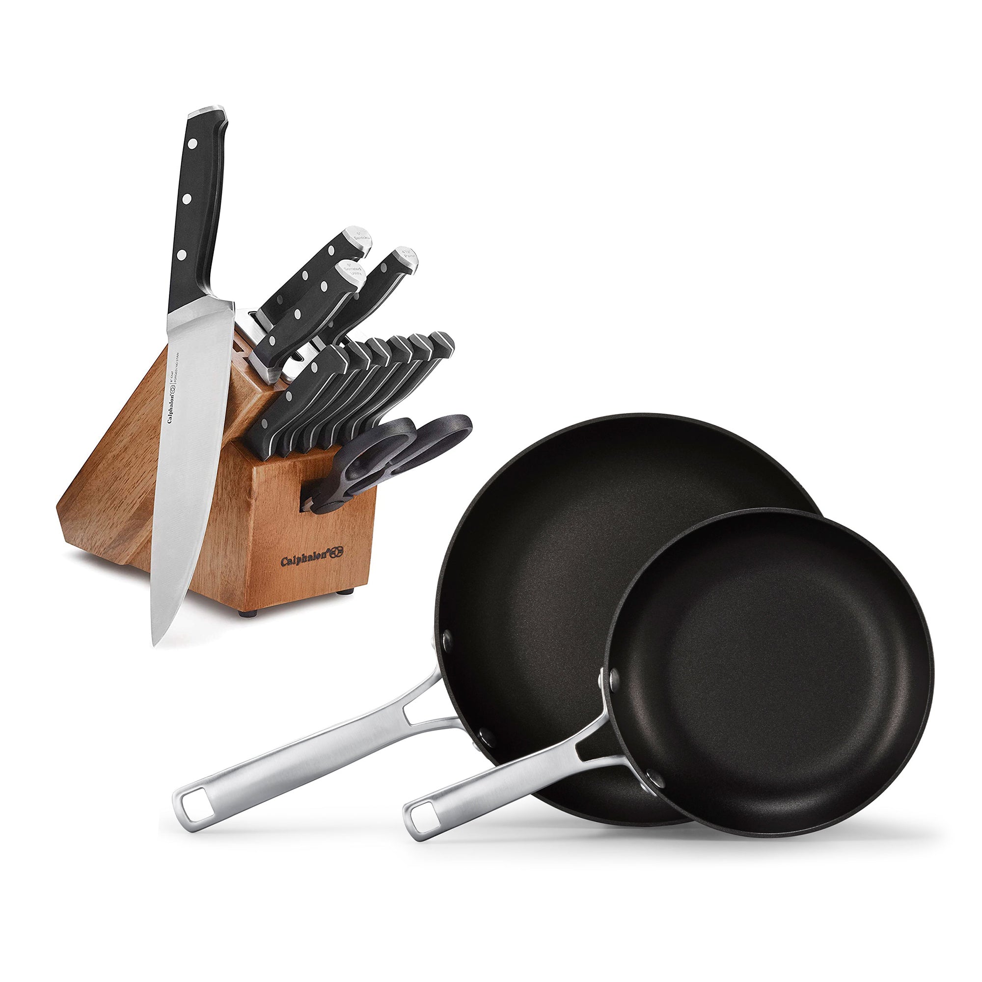 Calphalon 321 12-Piece Cutlery Knife Block Set + 2pc 8 & 10 Inch Frying Pan Set - VMInnovations