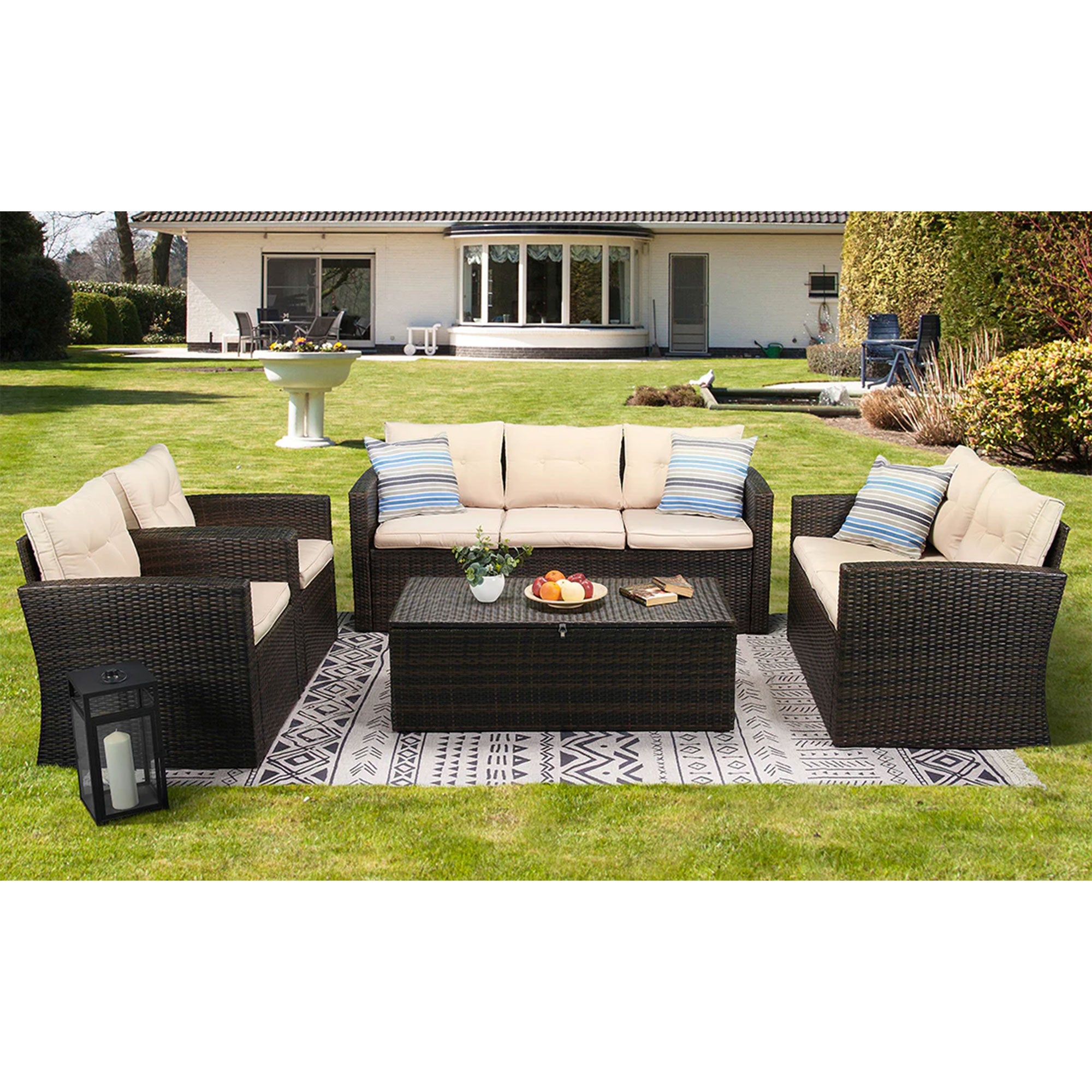 JYED DECOR 5pc Wicker Outdoor Patio Conversation Sofa Couch Furniture Set, Beige