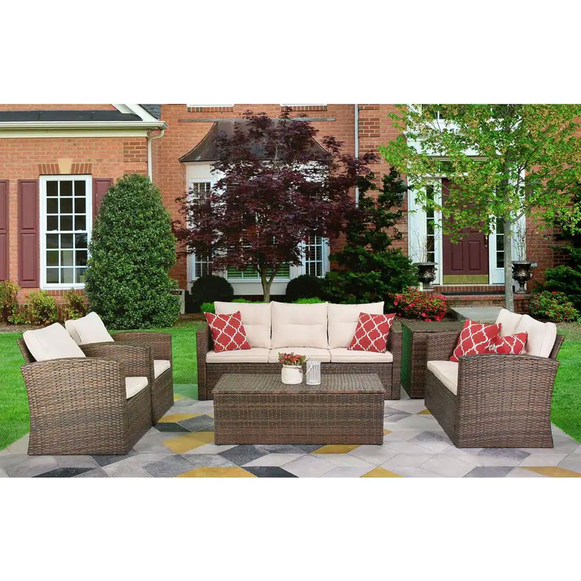 Edyo Living 6-Piece Brown Wicker Patio Furniture Conversation Seating Set, Beige - VMInnovations