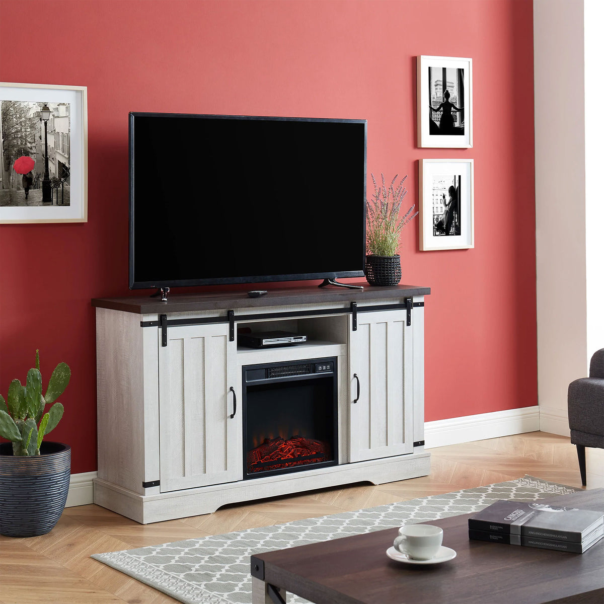 JYED DECOR Sliding Barn Door Electric Fireplace TV Stand Media Console, White