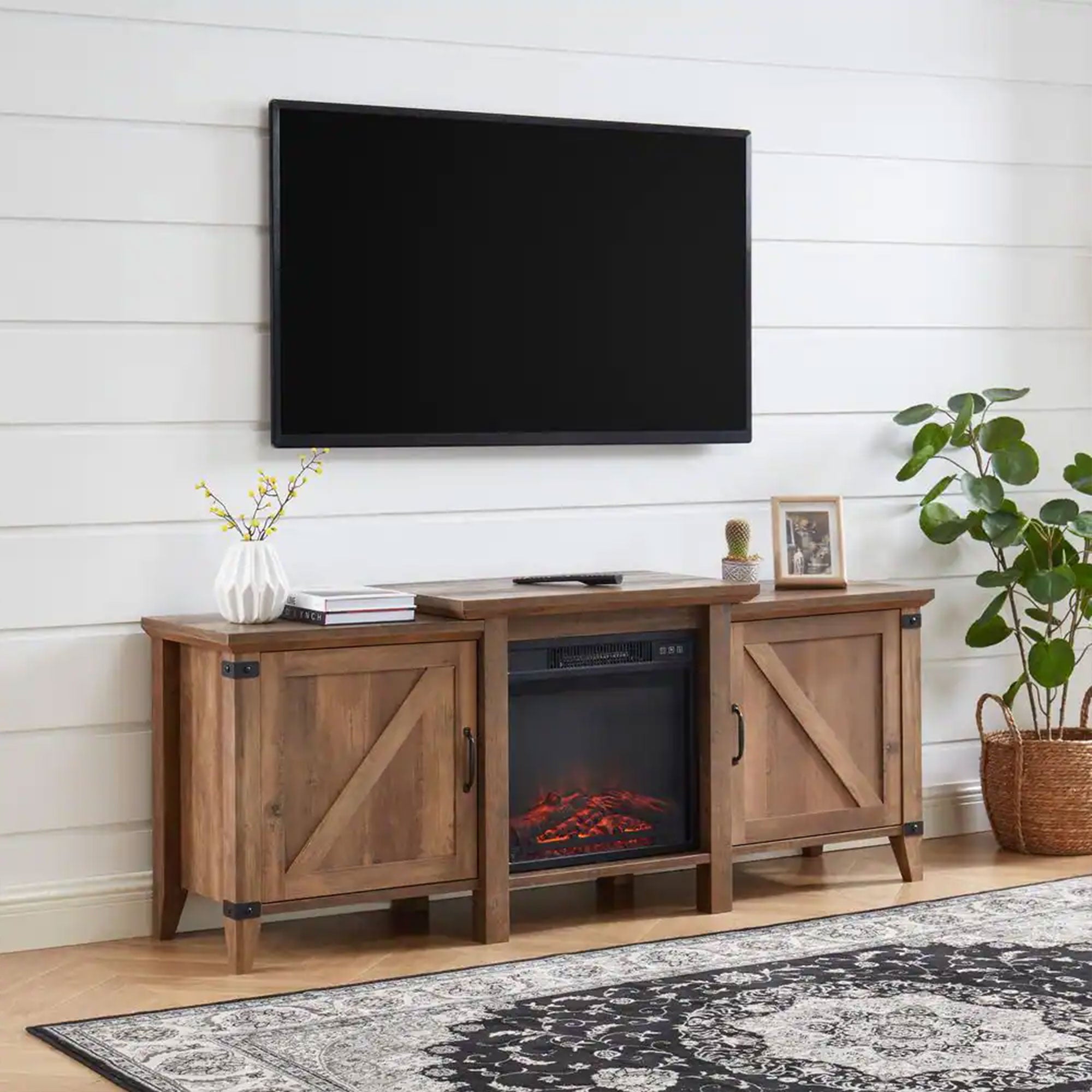 Edyo Living 63 Inch Freestanding Wooden Electric Fireplace TV Stand, Rustic Oak