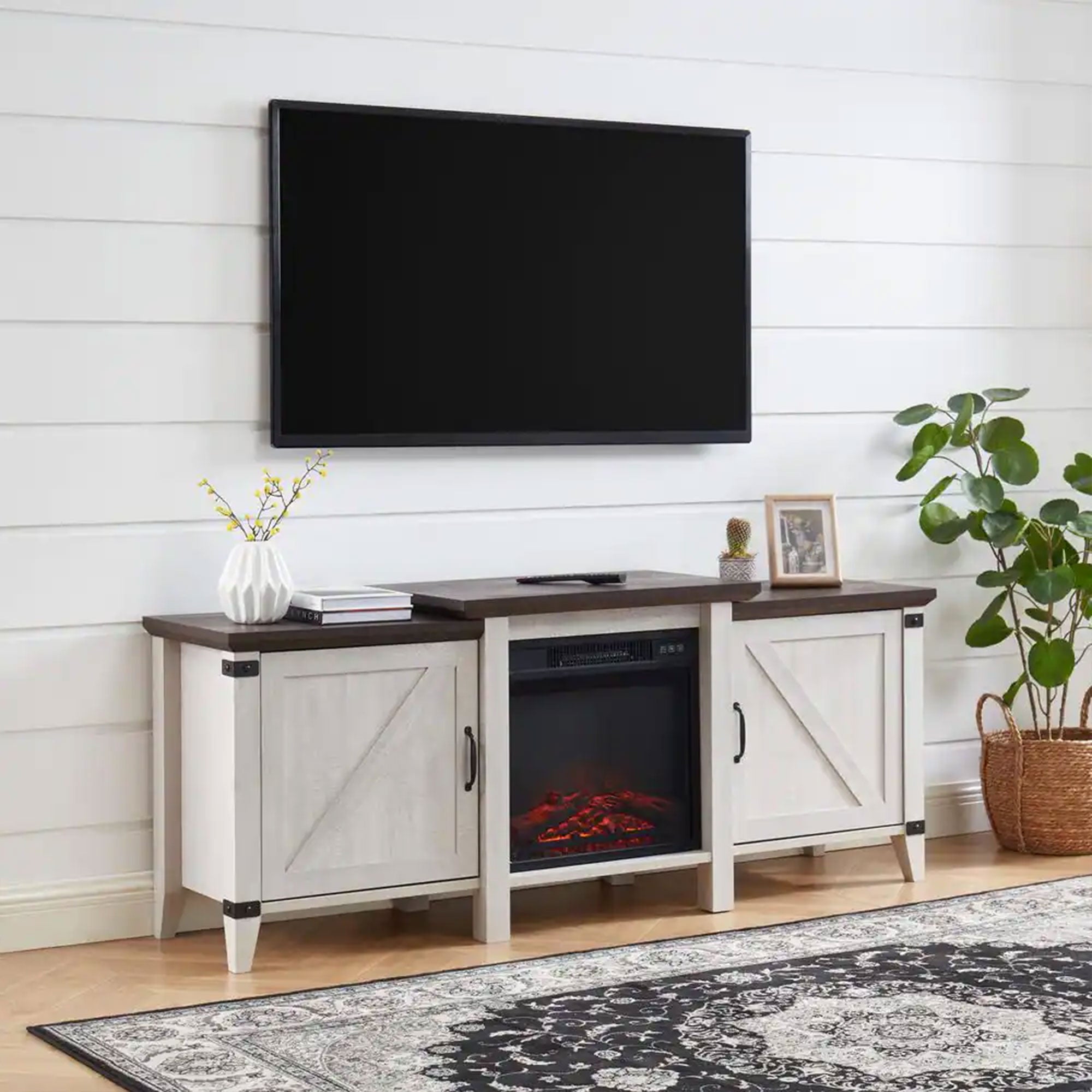 Edyo Living 63in Wooden Electric Fireplace TV Stand Console, Grey (Open Box) - VMInnovations