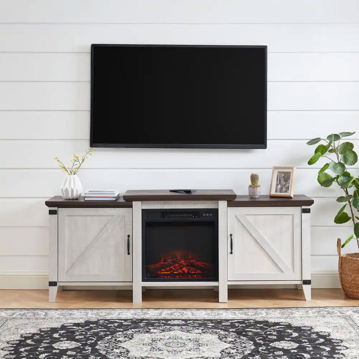Edyo Living 63in Freestanding Wooden Electric Fireplace TV Stand Console, Grey