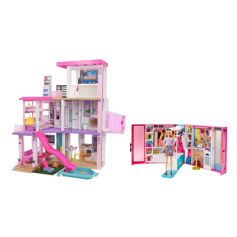 Barbie Dreamhouse 3 Story Dollhouse Playset and Dream Closet Wardrobe, Pink