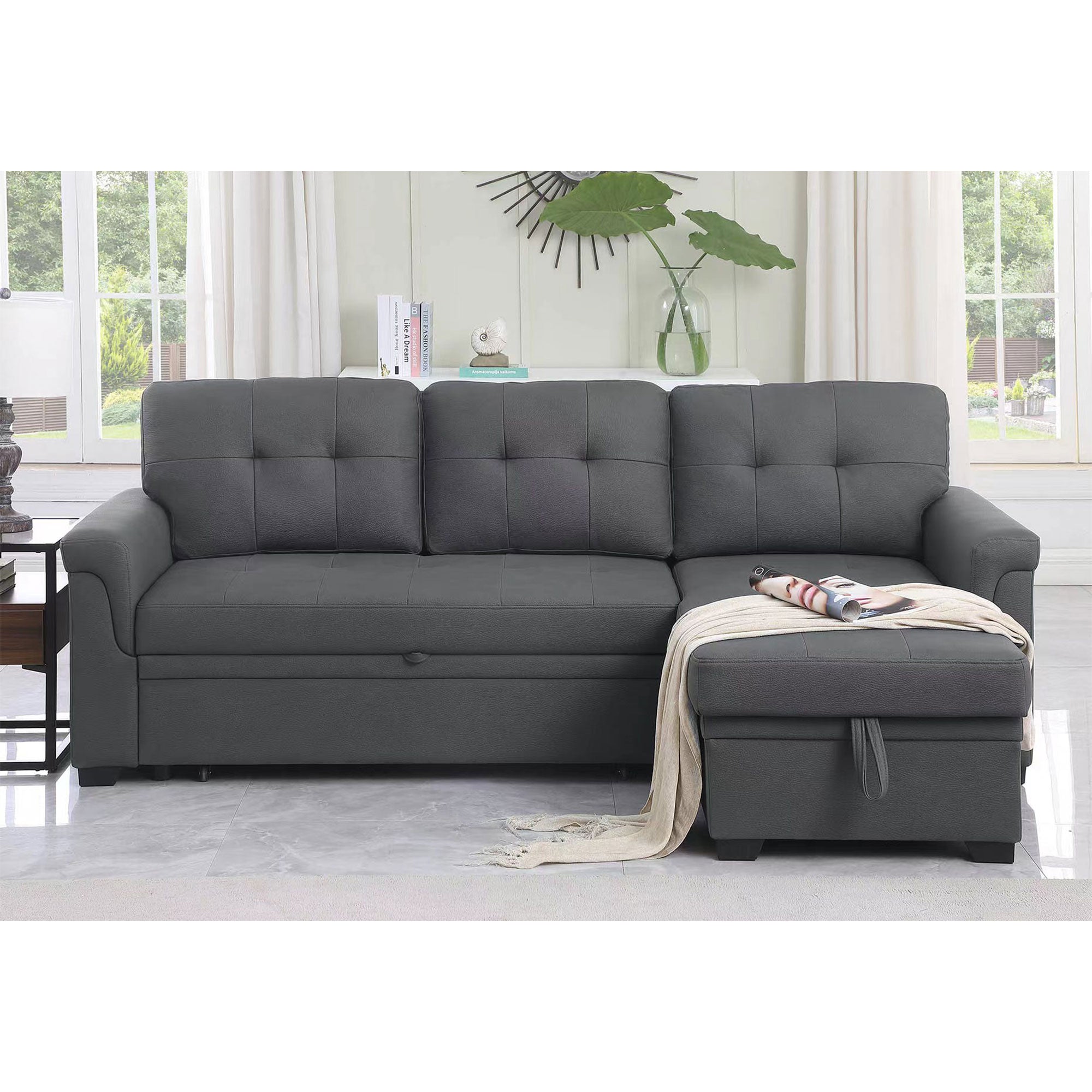 Lilola Home Performance Leather Sectional Sleeper Sofa with Storage, Gray (Used)