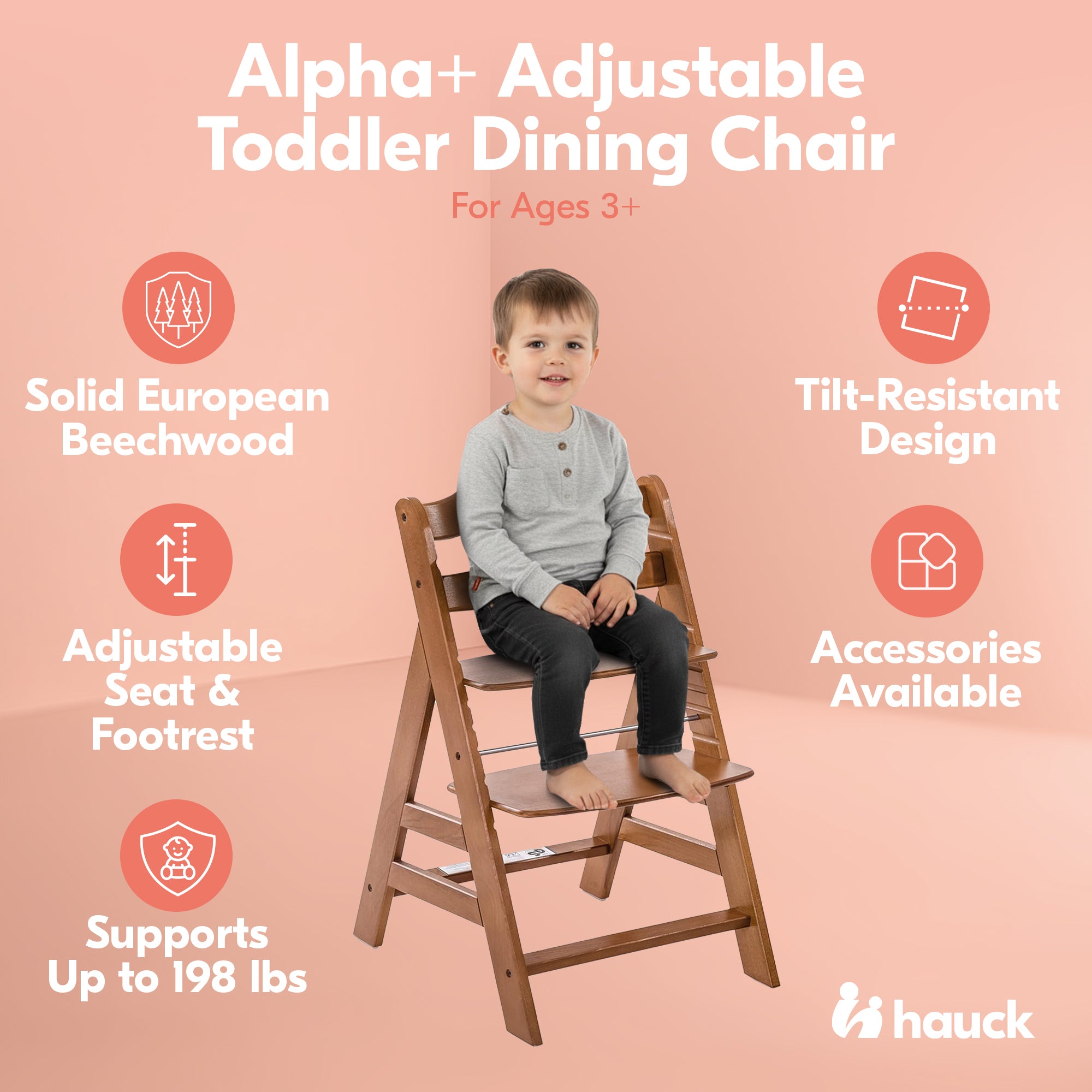 hauck Alpha+ Grow Along Seat, Adjustable Wooden Booster Chair, Beechwood, Walnut - VMInnovations