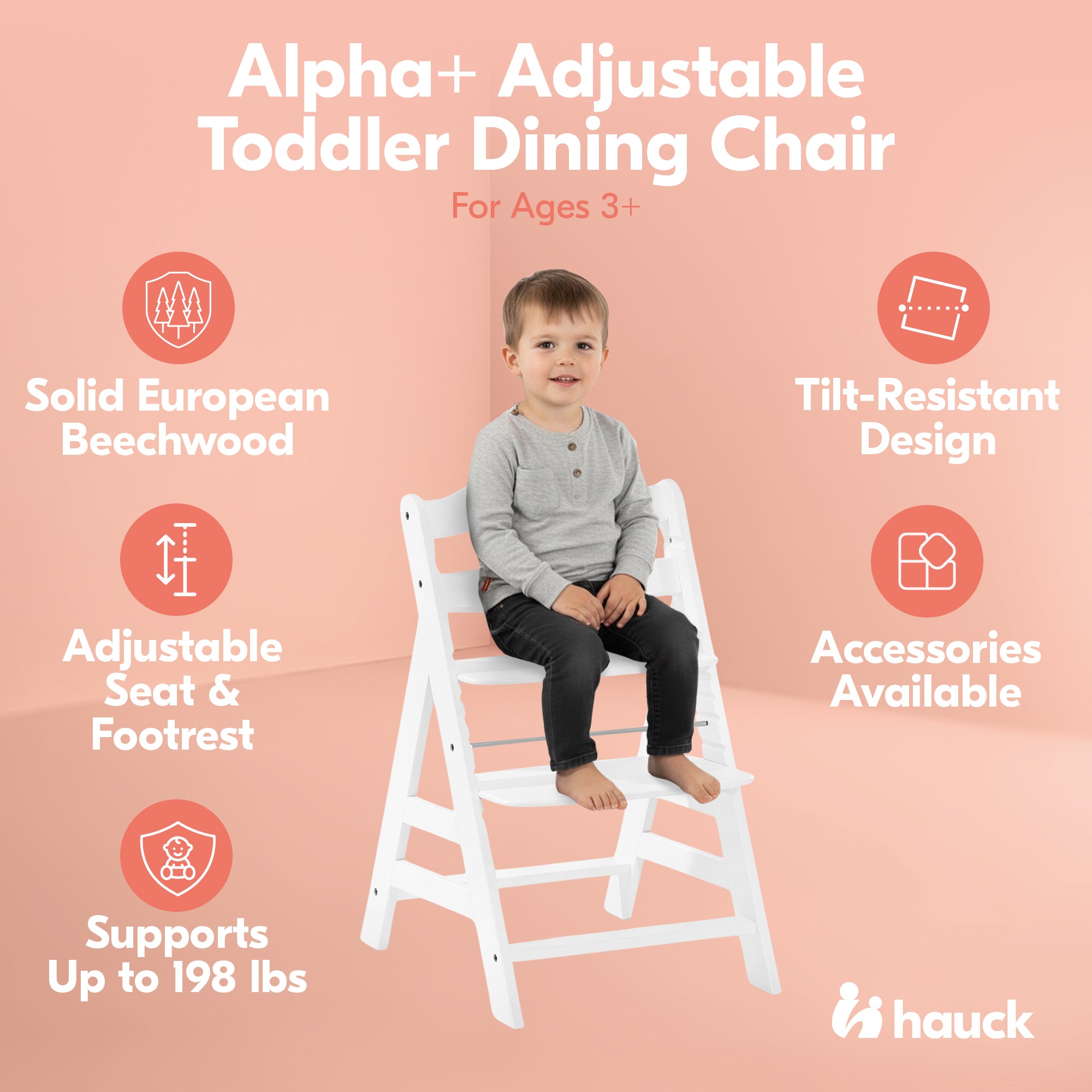 hauck Alpha+ Grow Along Adjustable Wooden Baby High Chair Seat, Beechwood, White - VMInnovations