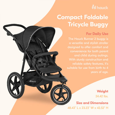 hauck Runner 2 Compact Foldable Tricycle Jogger Buggy Stroller Pushchair, Black