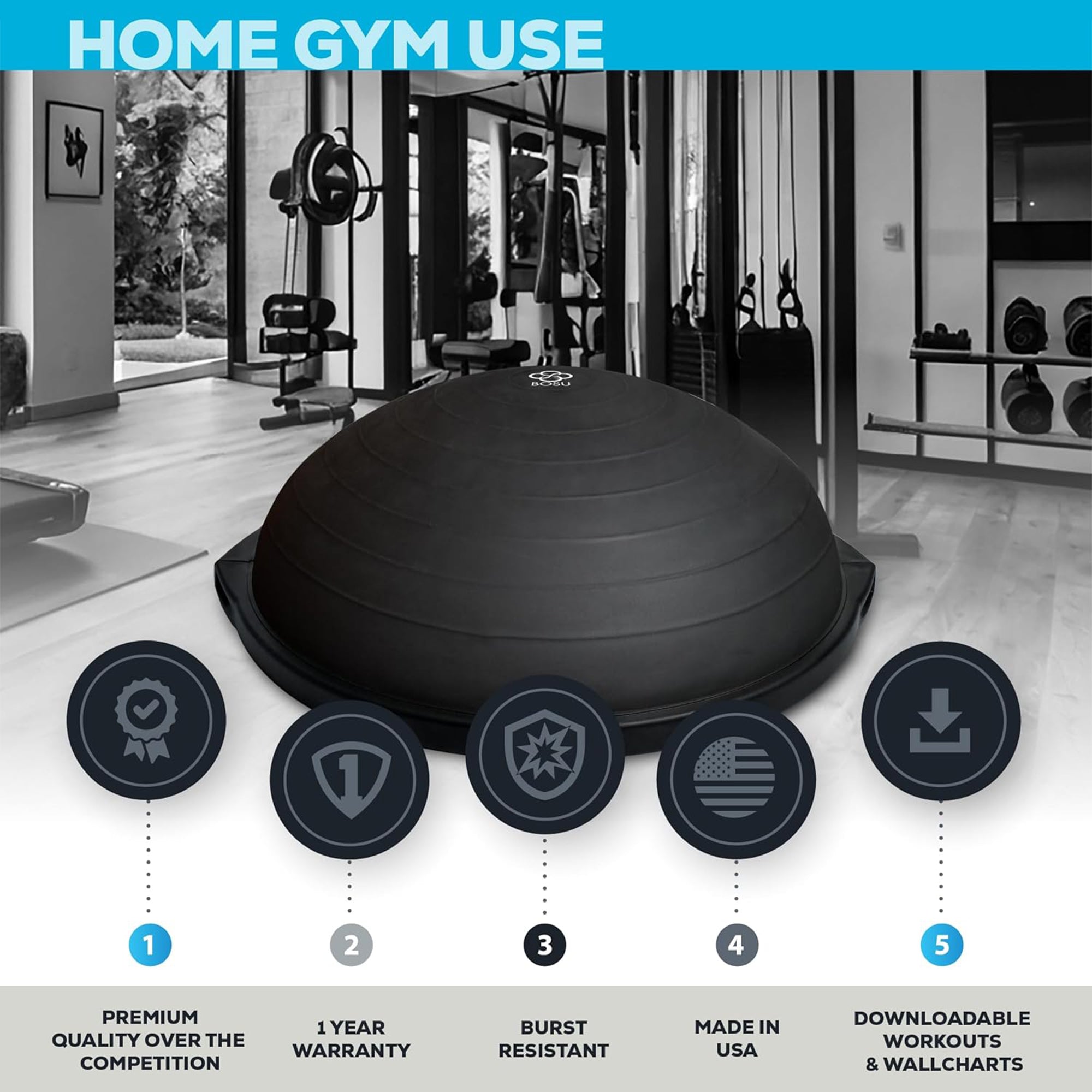 Bosu Multi Functional Home Gym 26" Original Balance Strength Board, Matte Black