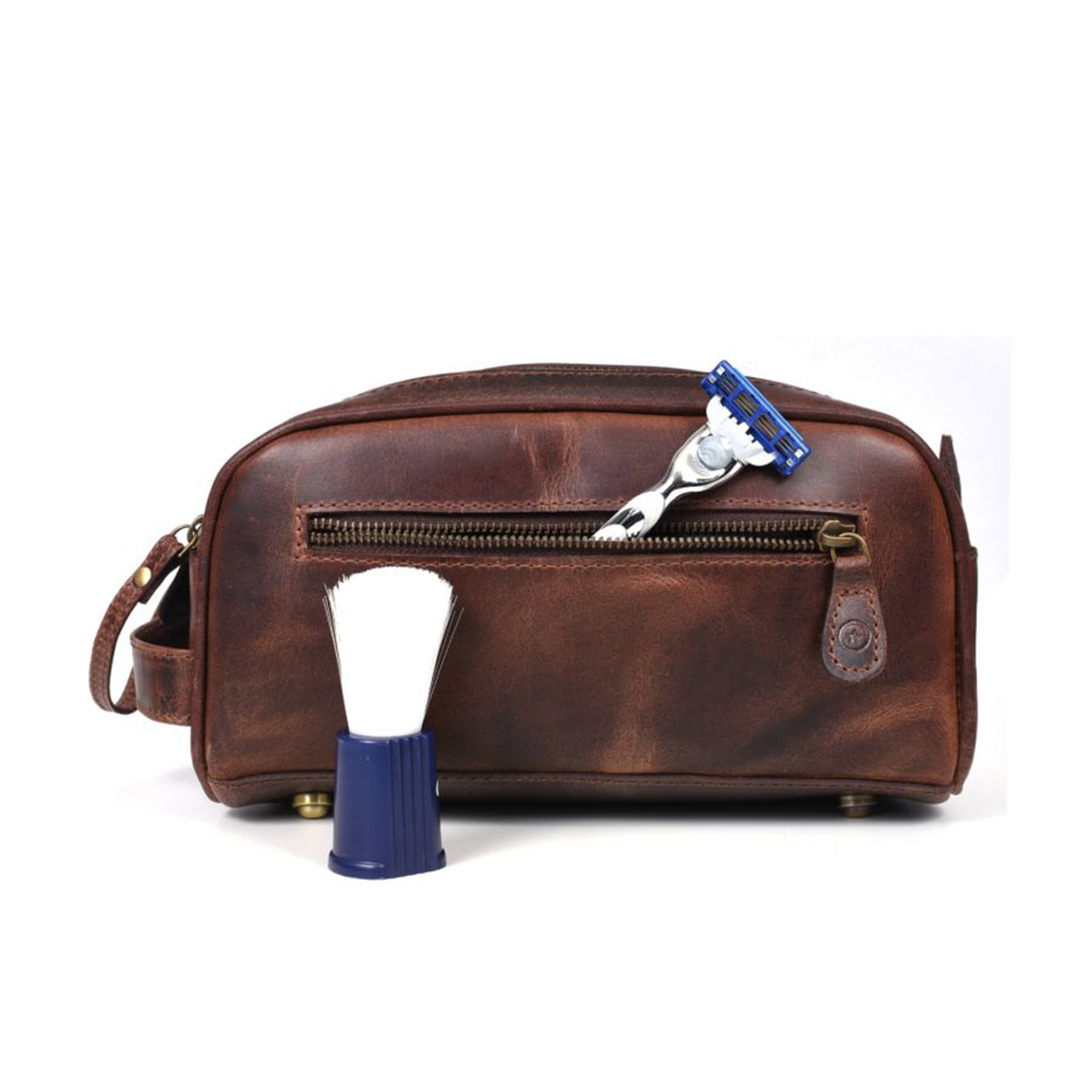 Aaron Leather Goods Vintage Leather Toiletry Travel Bag, Walnut Brown (Open Box) - VMInnovations