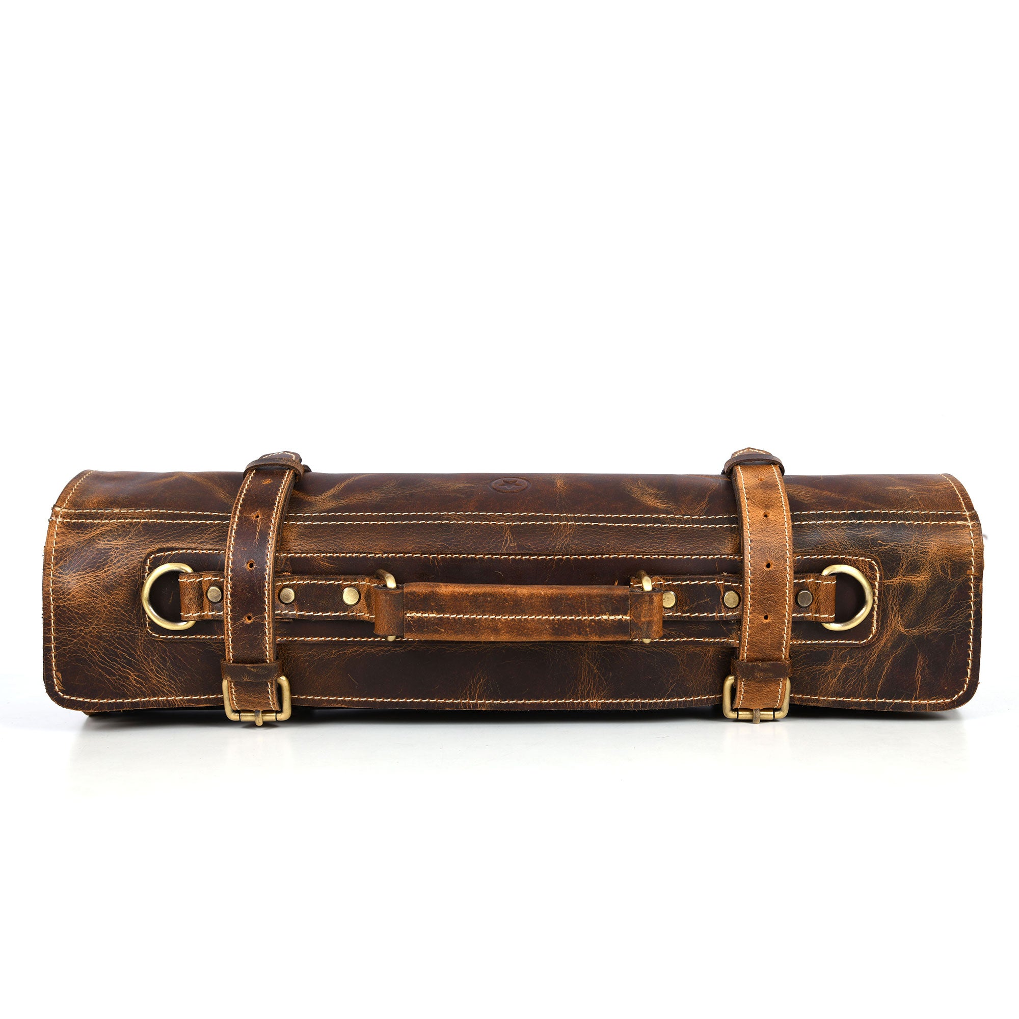 Aaron Leather Goods Tuscania Knife Roll Storage Bag Case, Caramel Brown Leather - VMInnovations